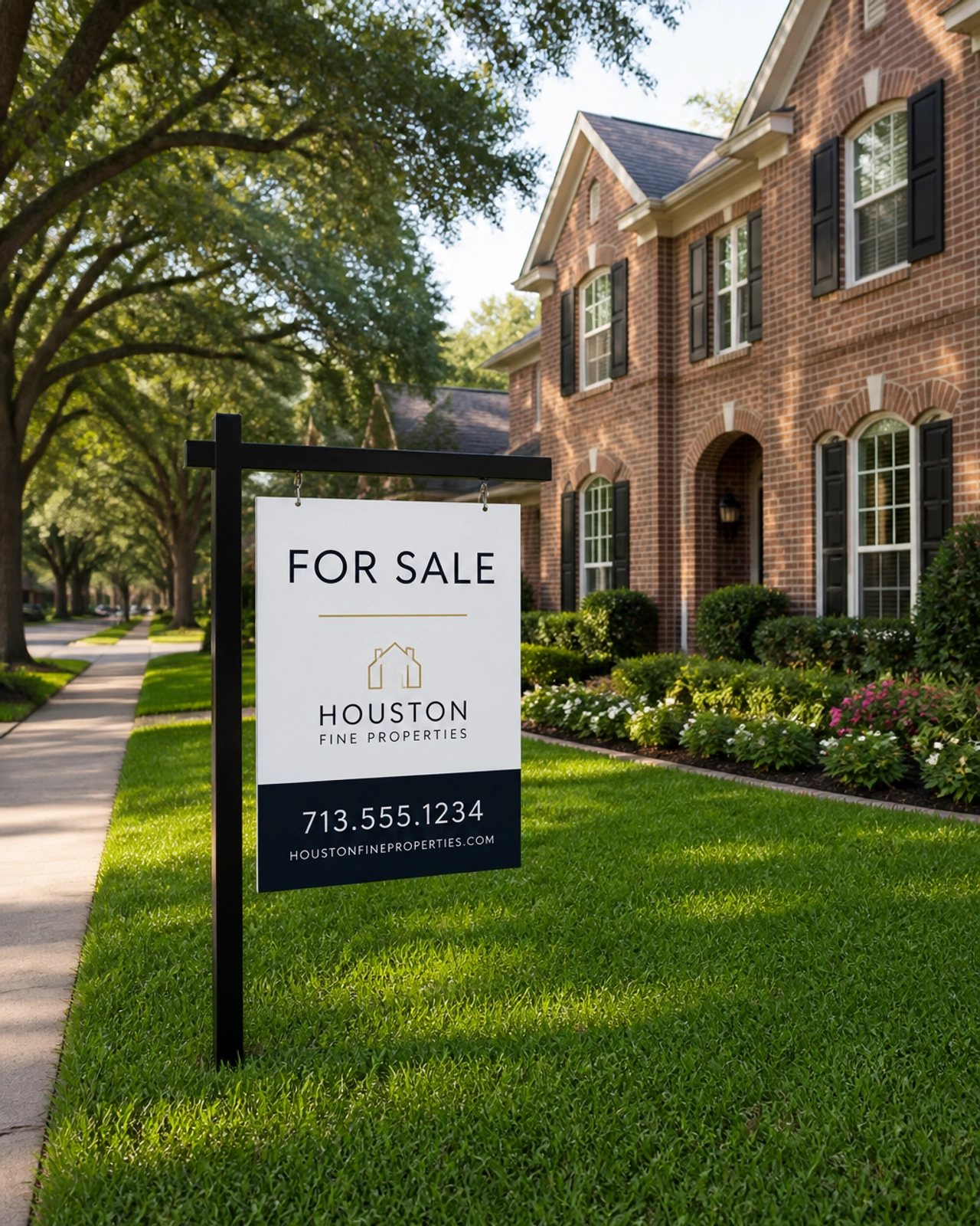 A 'For Sale' sign in front of a beautiful Houston brick home on a quiet, tree-lined street.