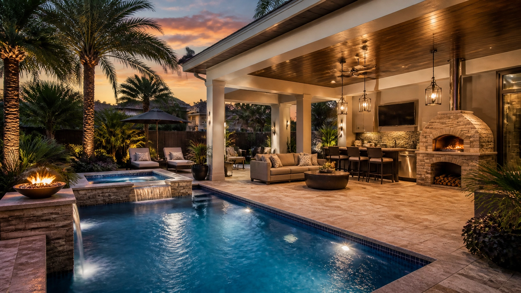 A luxurious Houston backyard with a resort-style pool and outdoor kitchen