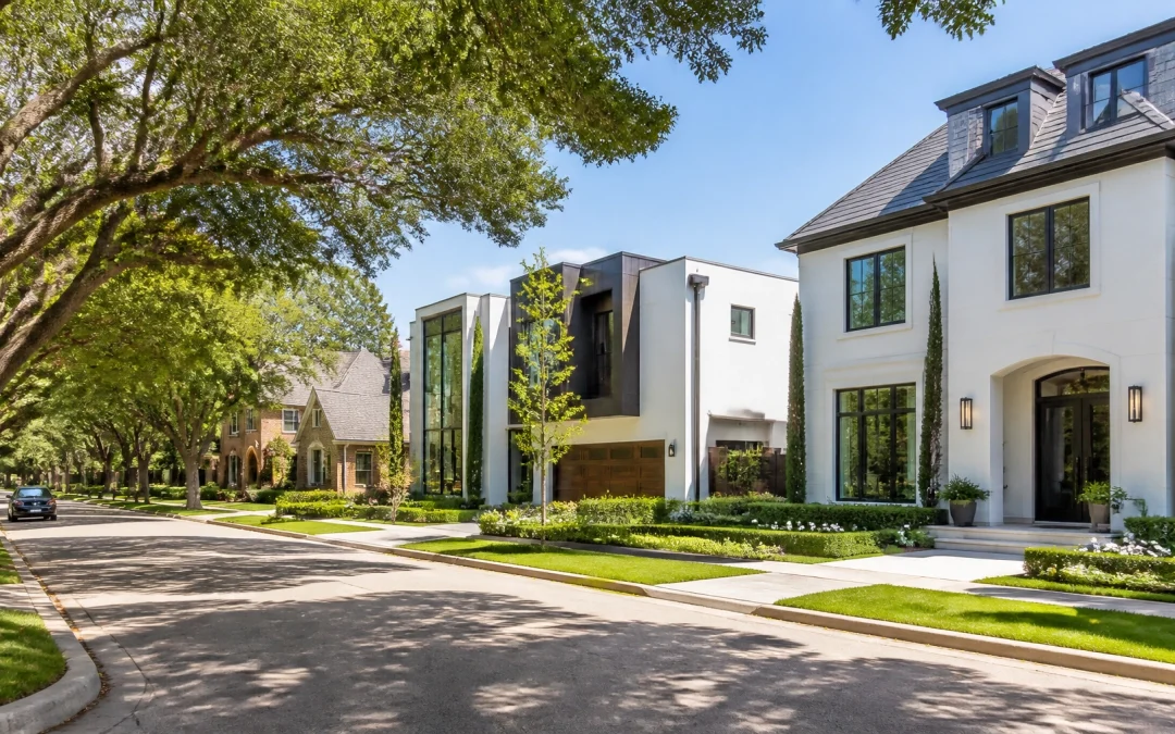 A beautiful, high-end suburban street in Houston, Texas, featuring a mix of modern new construction homes and well-maintained established houses
