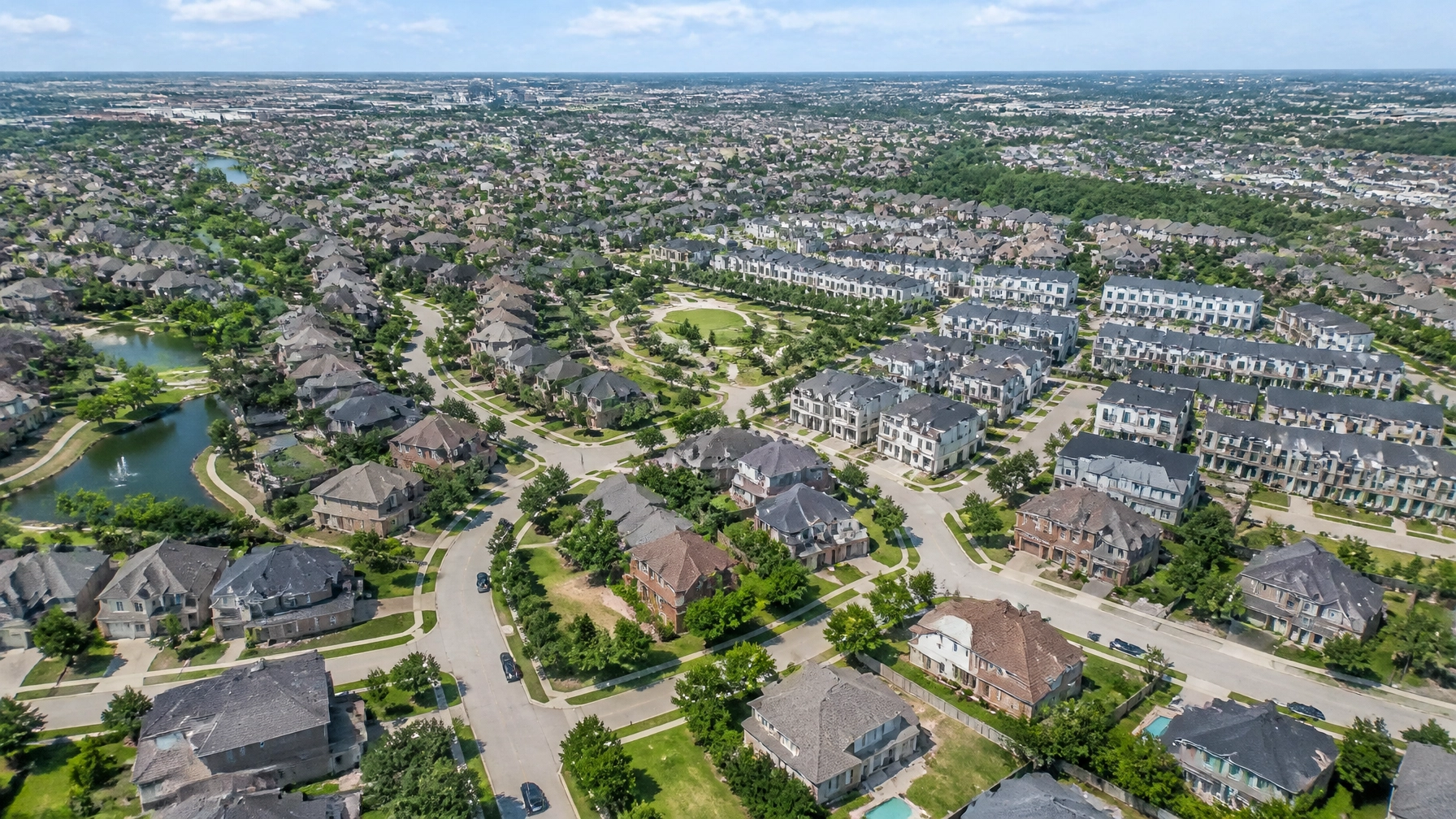 An aerial view of a Houston neighborhood showing the variety of homes currently available on the market.