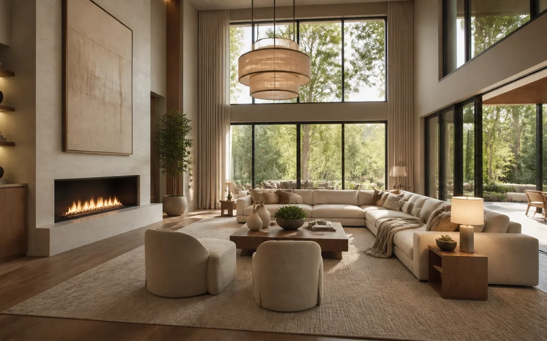 A stunning Houston living room showcasing 2026 organic modern design with floor-to-ceiling windows and layered lighting