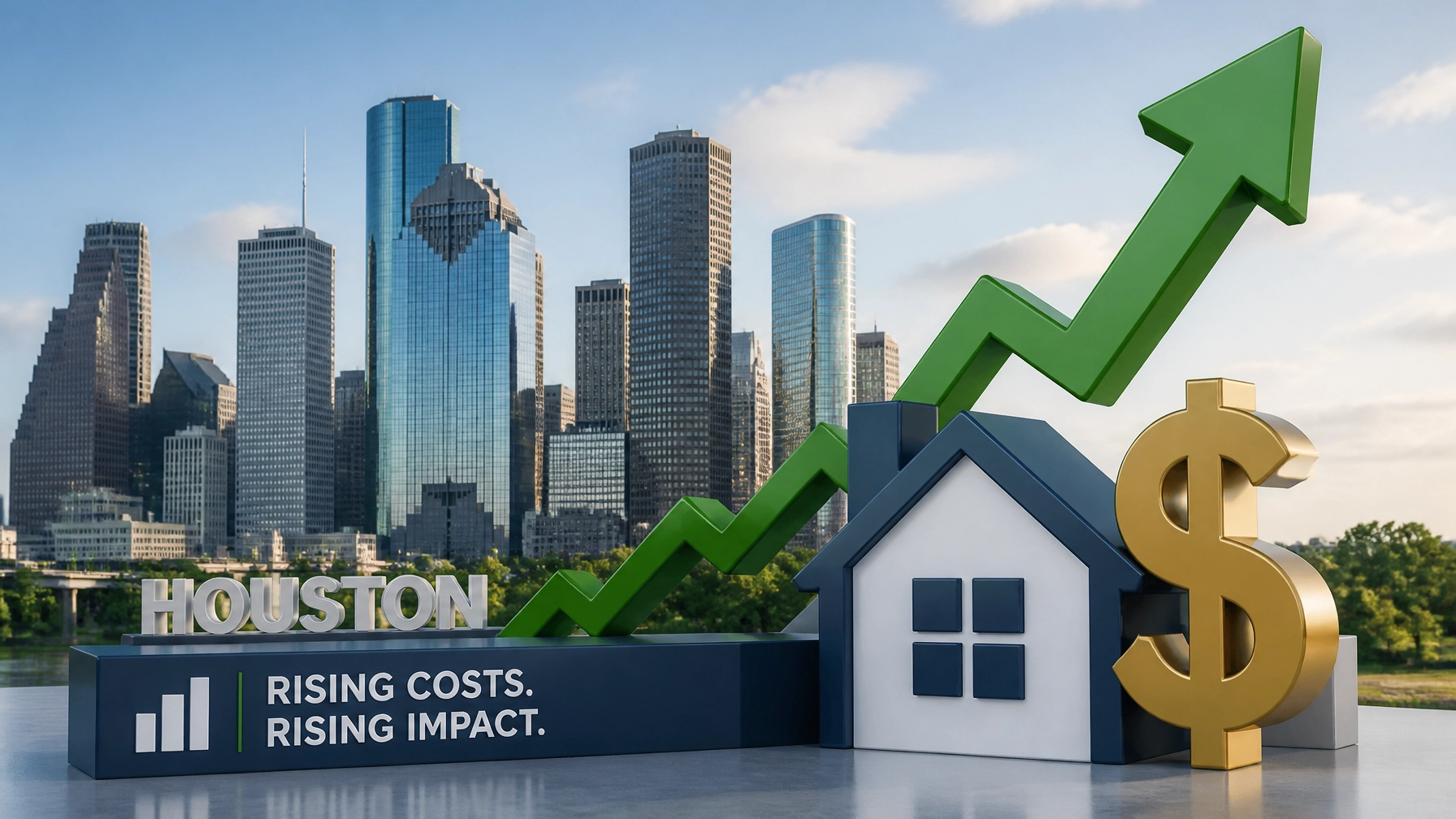 An illustration of the Houston skyline with upward-trending financial arrows, symbolizing the rising cost of home insurance and living expenses.