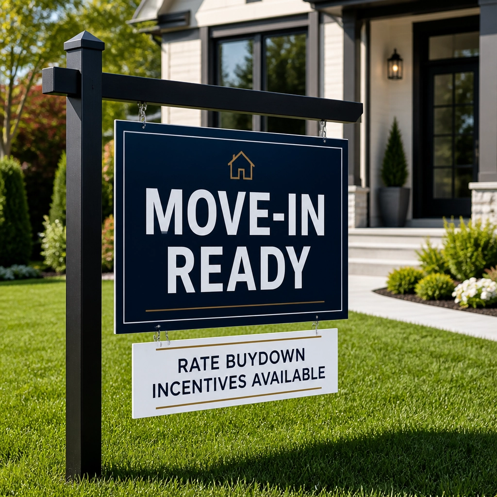Real estate sign saying MOVE-IN READY with Rate Buydown Incentives Available