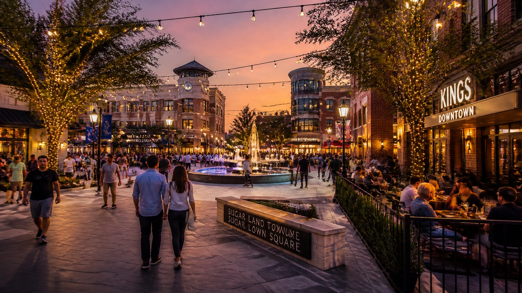Sugar Land Town Square at dusk, showing a vibrant community atmosphere with outdoor dining and modern storefronts.