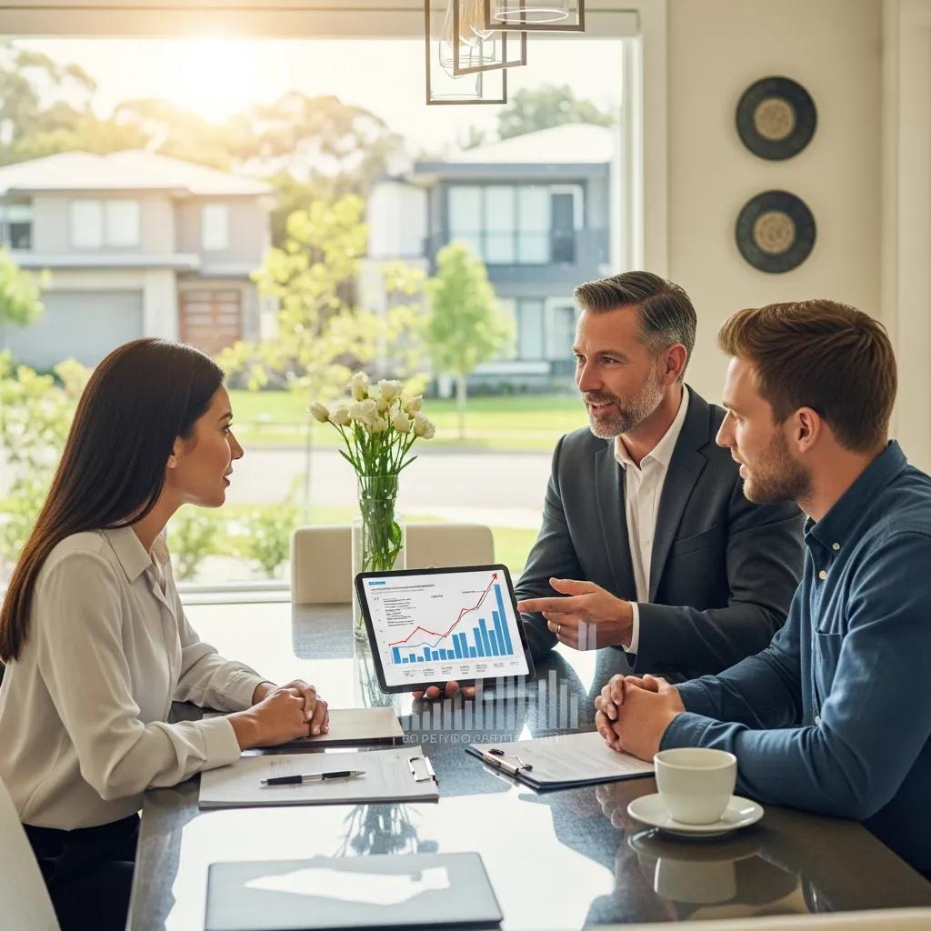 Real estate agent discussing property values with clients in a modern home setting