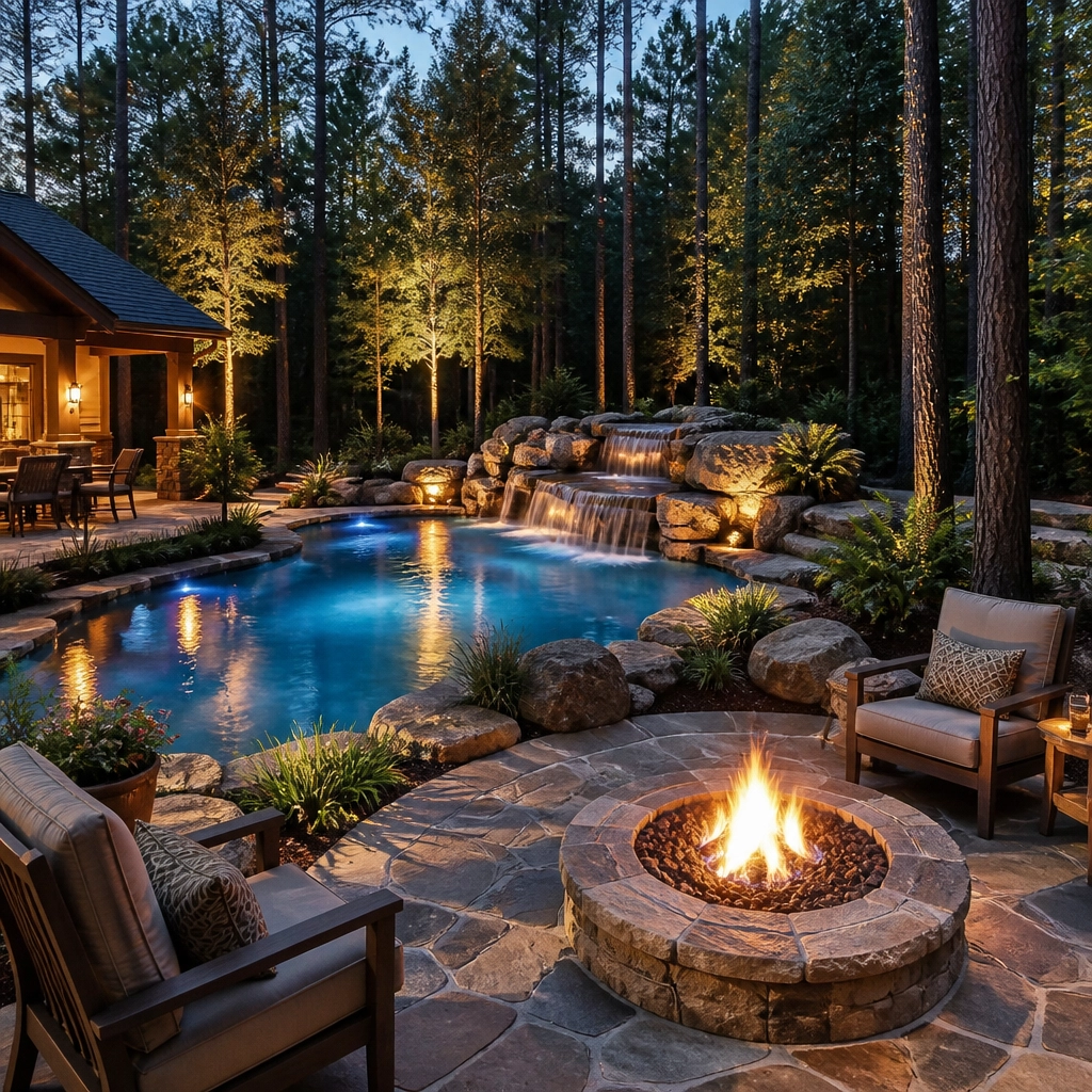 A resort-style pool in The Woodlands, Texas, integrated with nature and surrounded by tall pine trees.