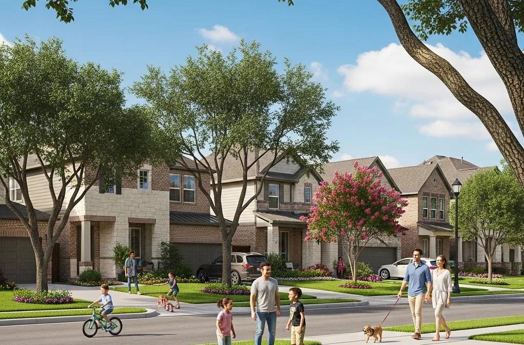 Suburban neighborhood in Sugar Land, TX, showcasing modern homes and community appeal