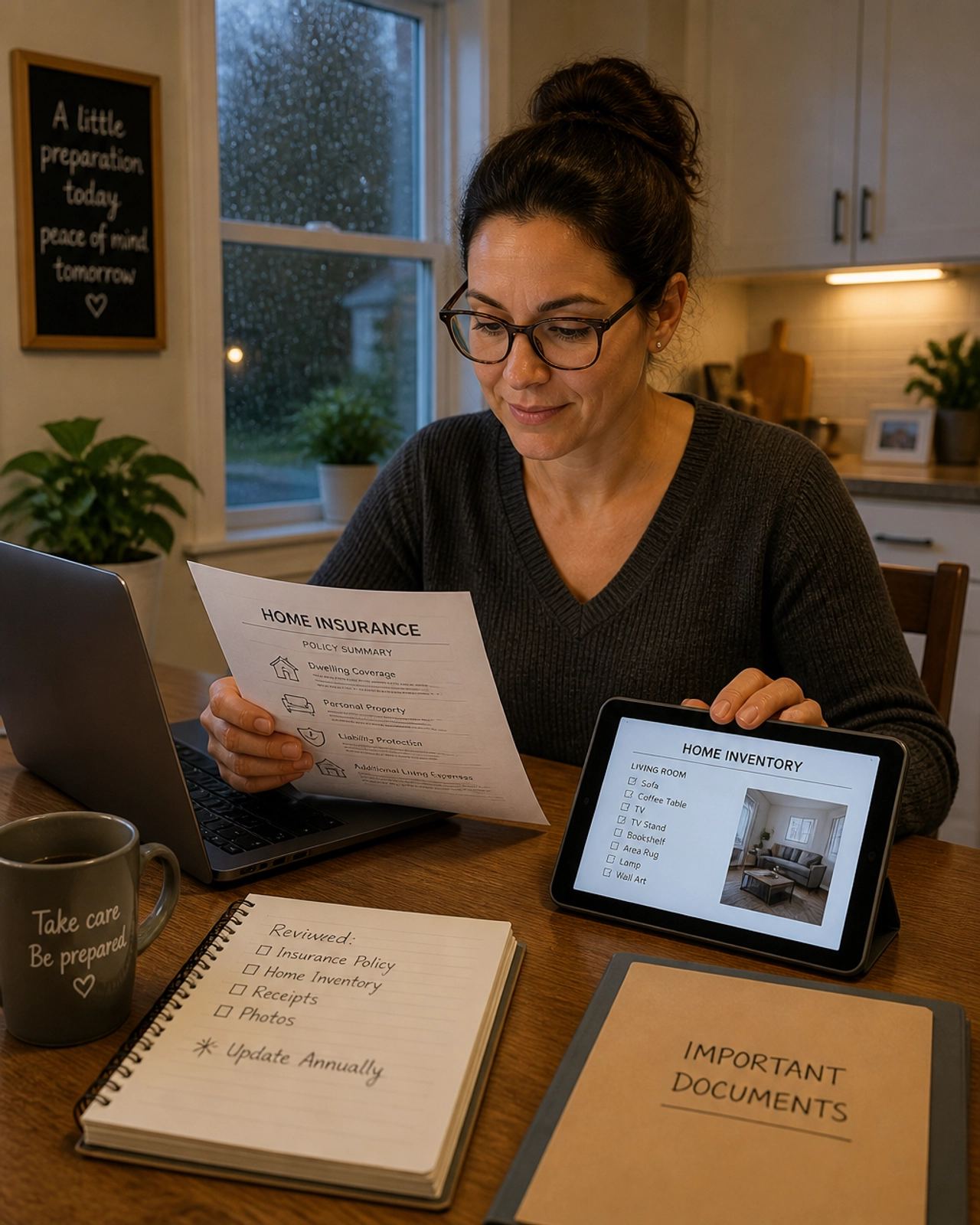 A person reviewing insurance documents and a home inventory list on a tablet.