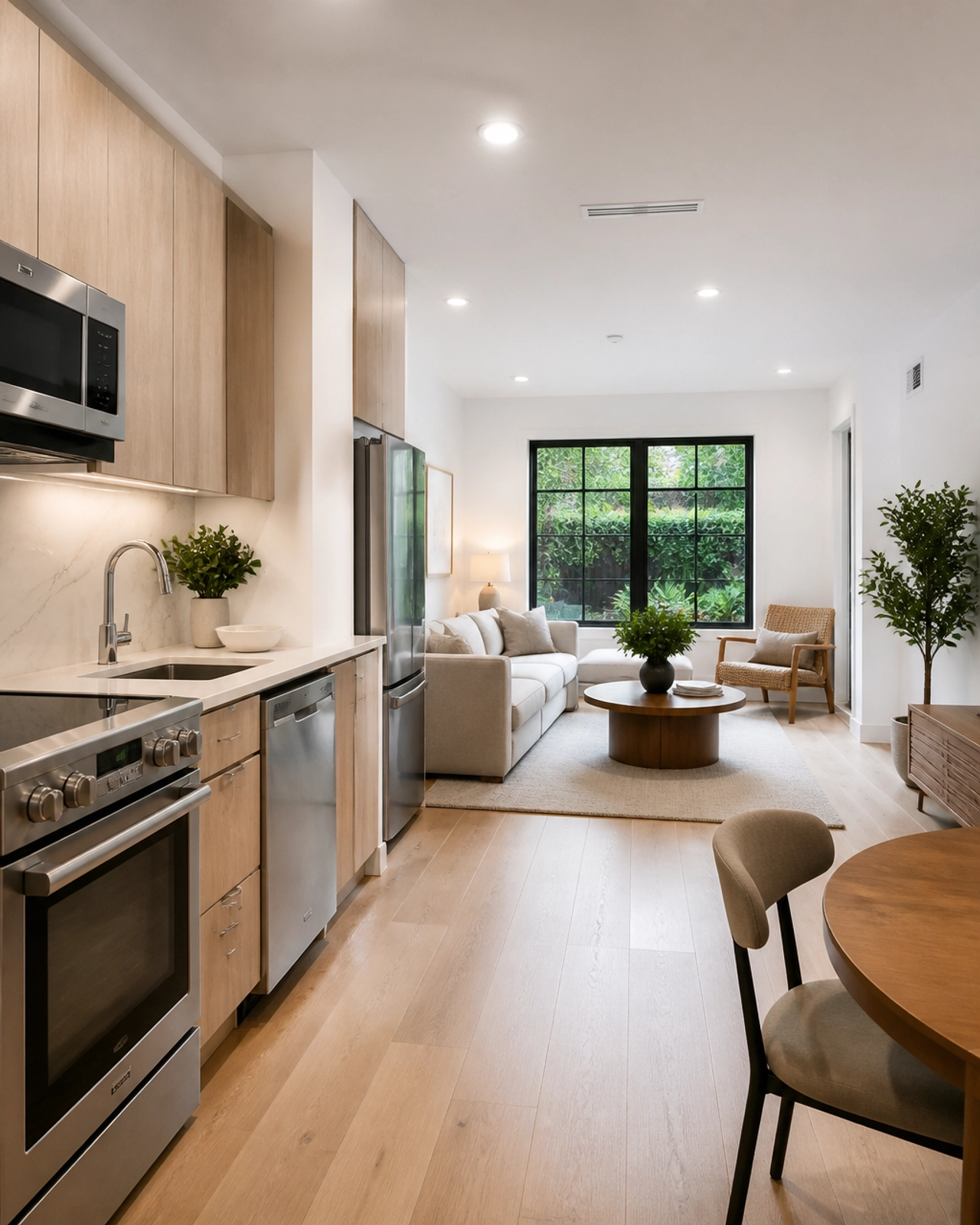 The interior of a modern studio ADU featuring a compact kitchen and minimalist design, perfect for a high-end rental.
