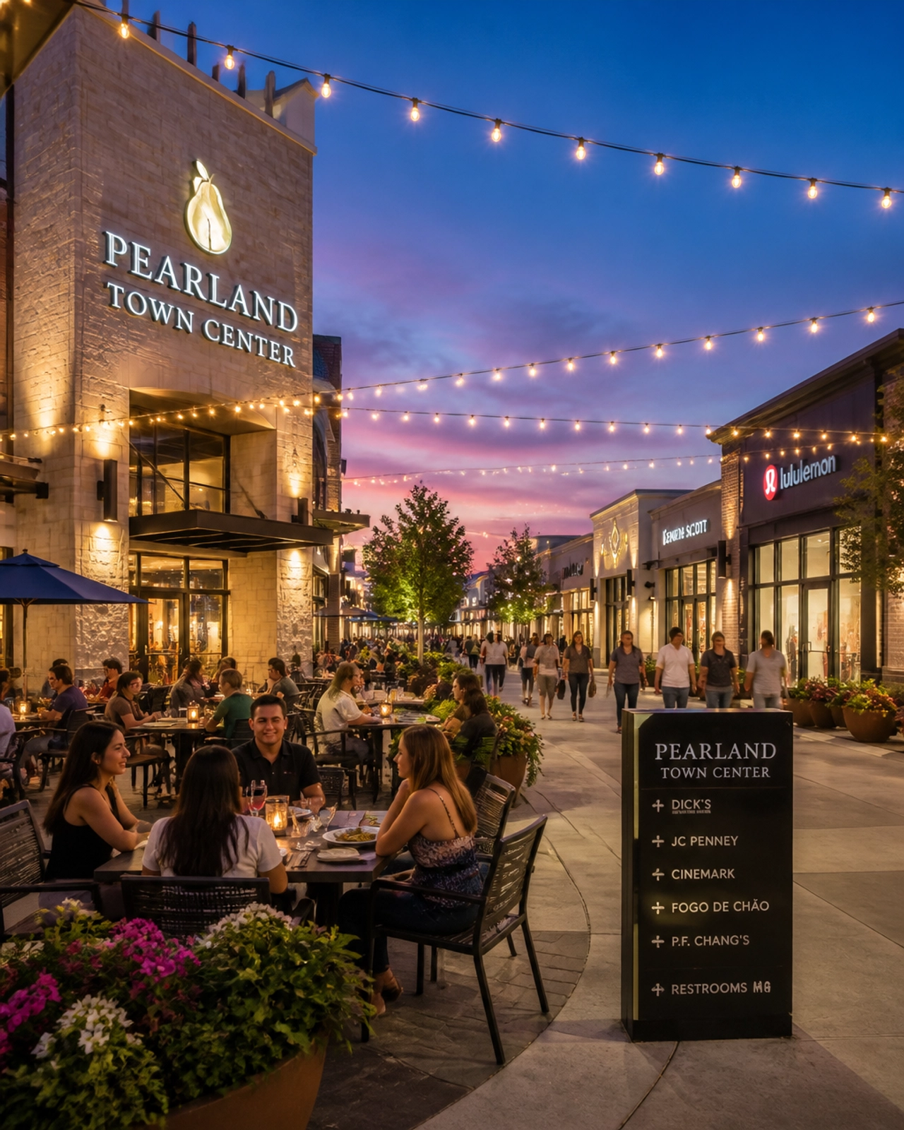 A vibrant evening shot of Pearland Town Center with people dining outside under string lights