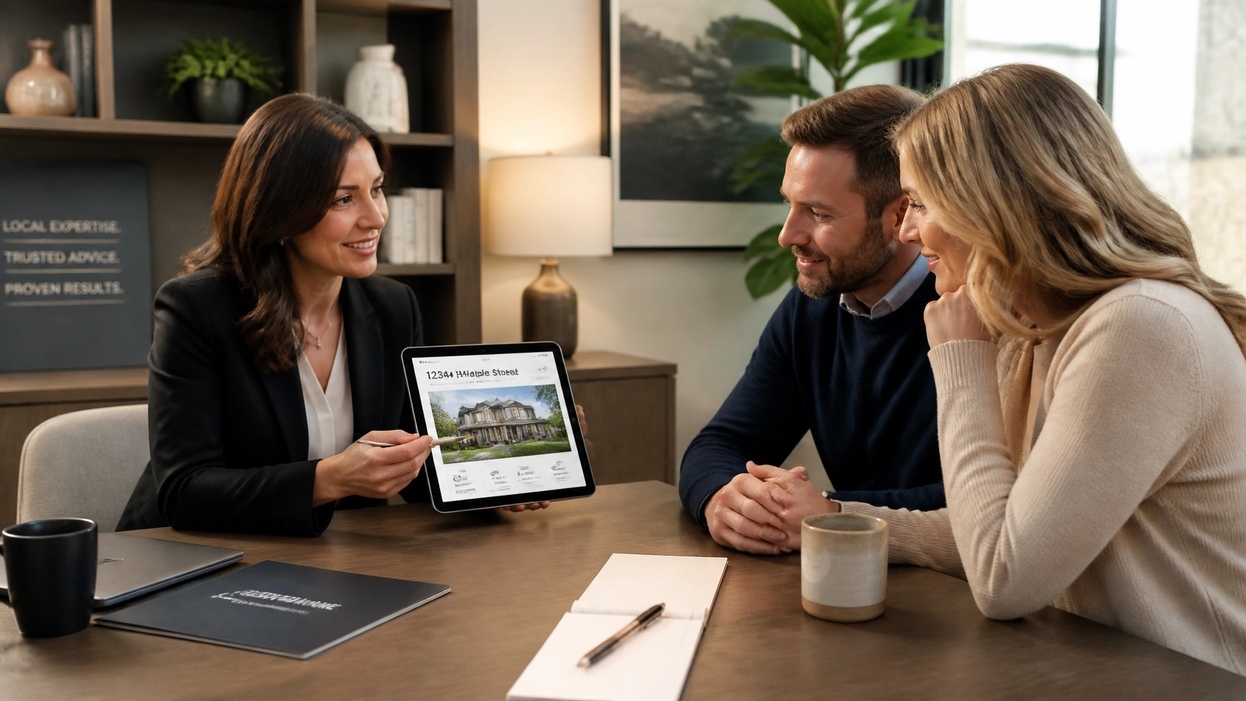 A real estate agent providing a professional consultation to a couple