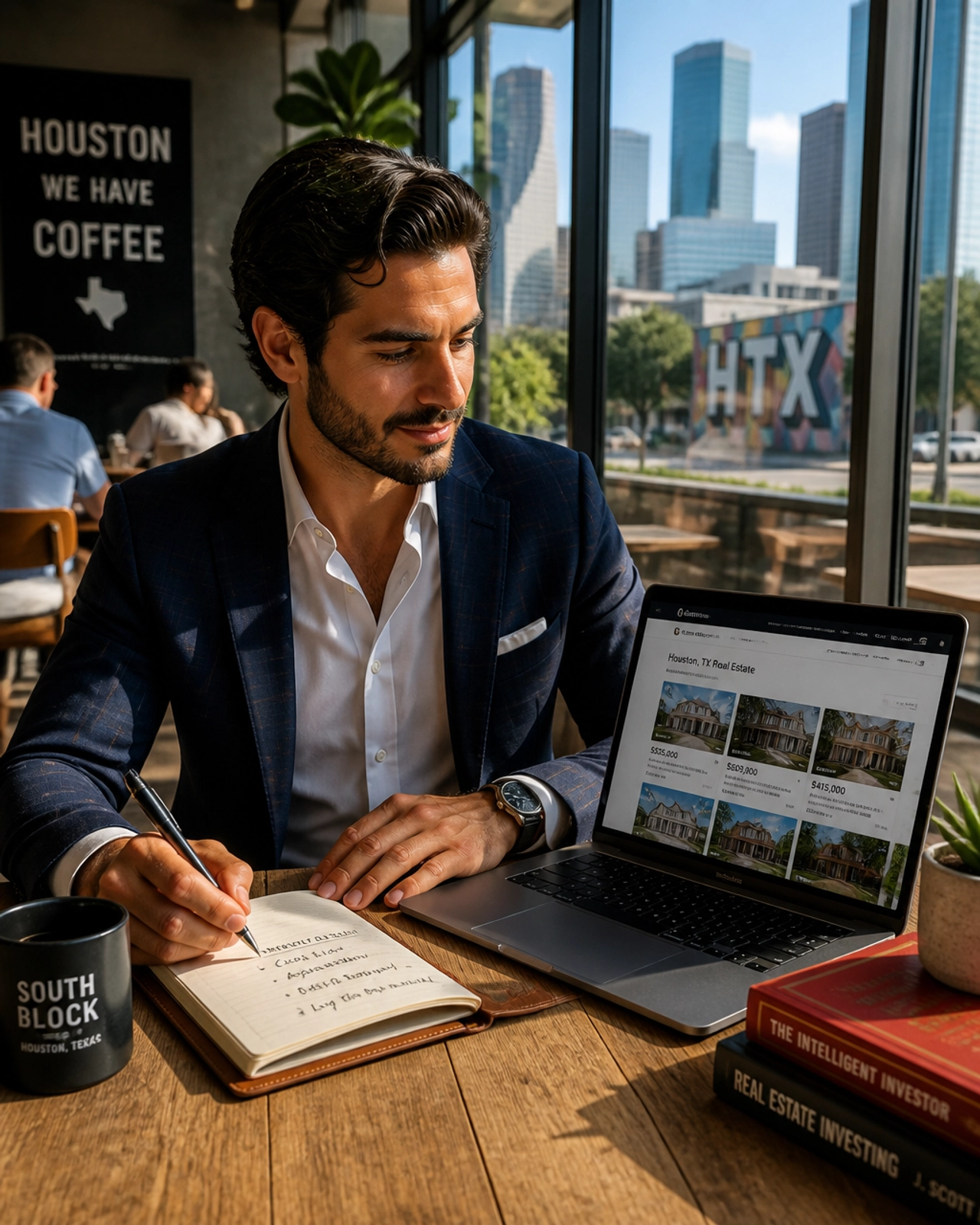 A savvy buyer researching Houston real estate in a cafe