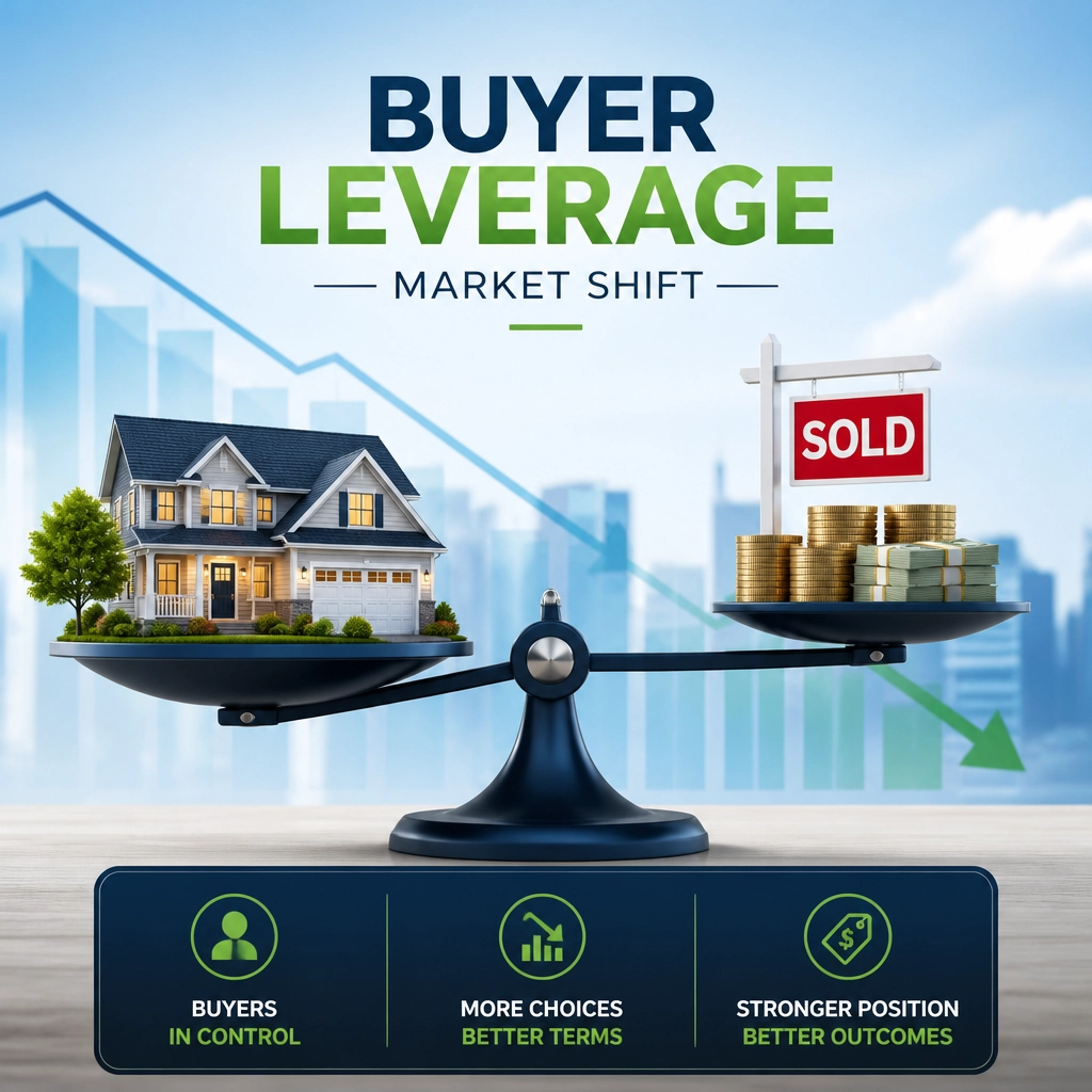 A graphic representing buyer leverage, showing a scale tipped in favor of the homebuyer in the 2026 market.