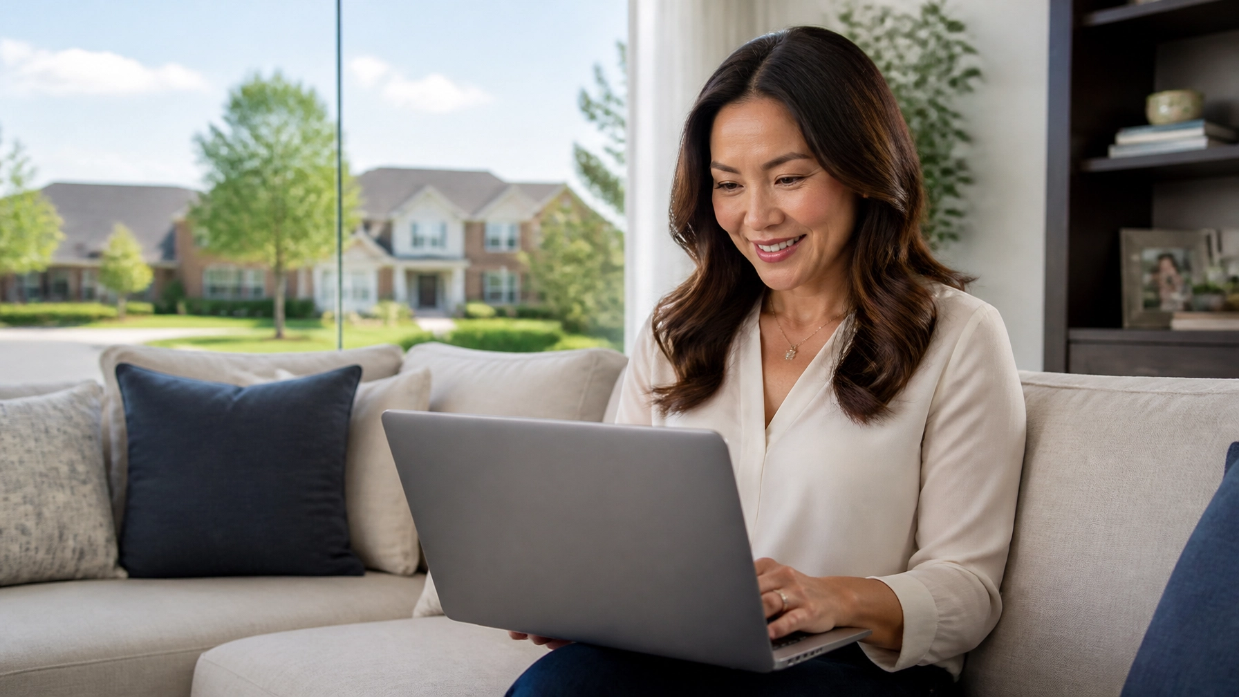 A professional Houston homeowner looking relieved while reviewing their insurance savings on a laptop