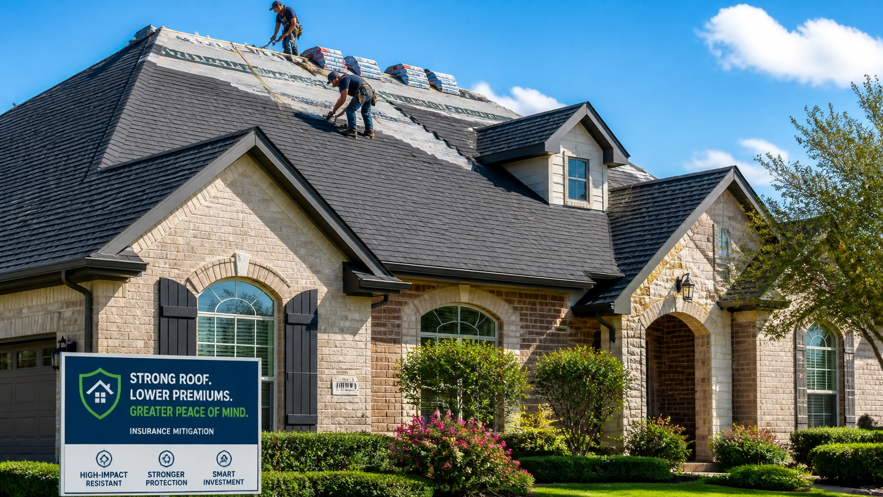 A detailed shot of a new, high-impact resistant shingle roof being installed on a beautiful Houston suburban home