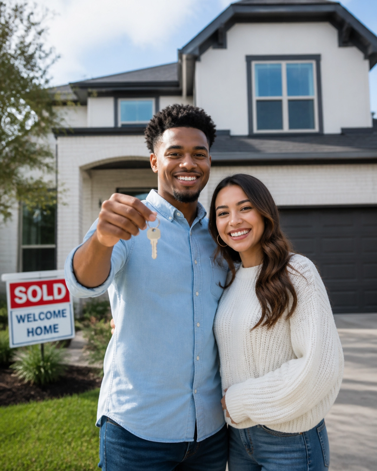 A happy couple in front of their new Houston home holding keys