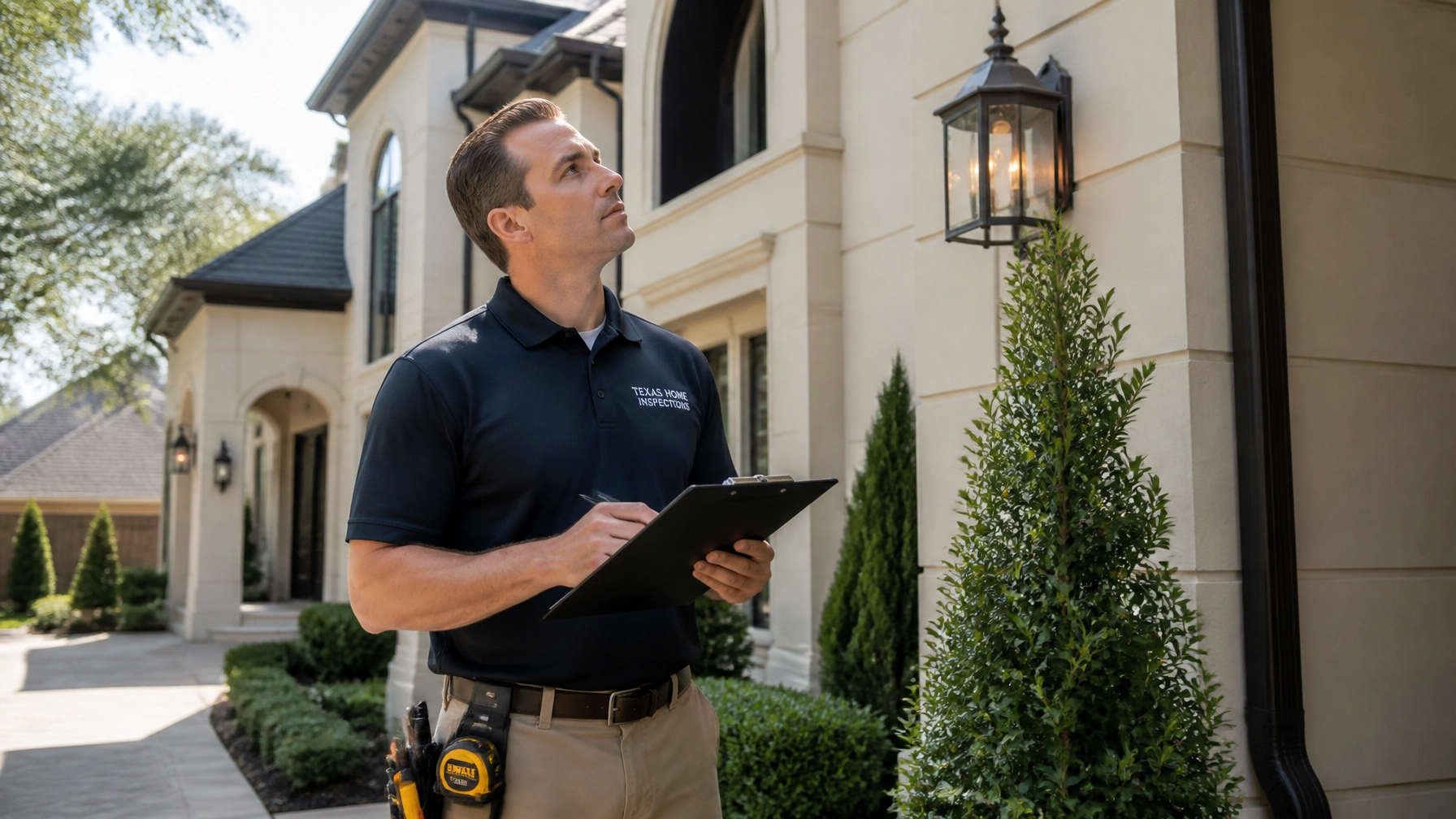A home inspector checking the exterior of a Houston property