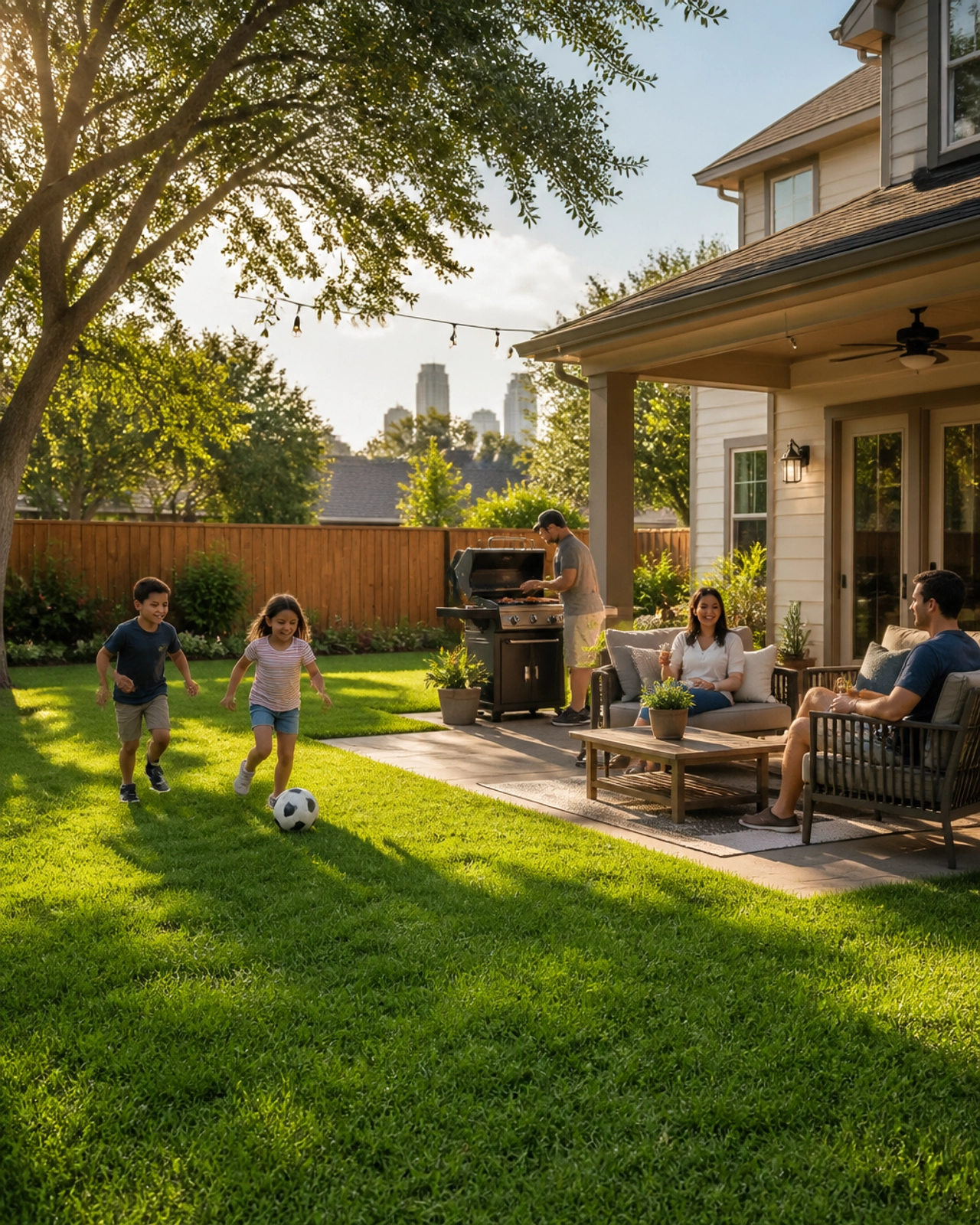 A family enjoying a private backyard at a single-family home in Houston.