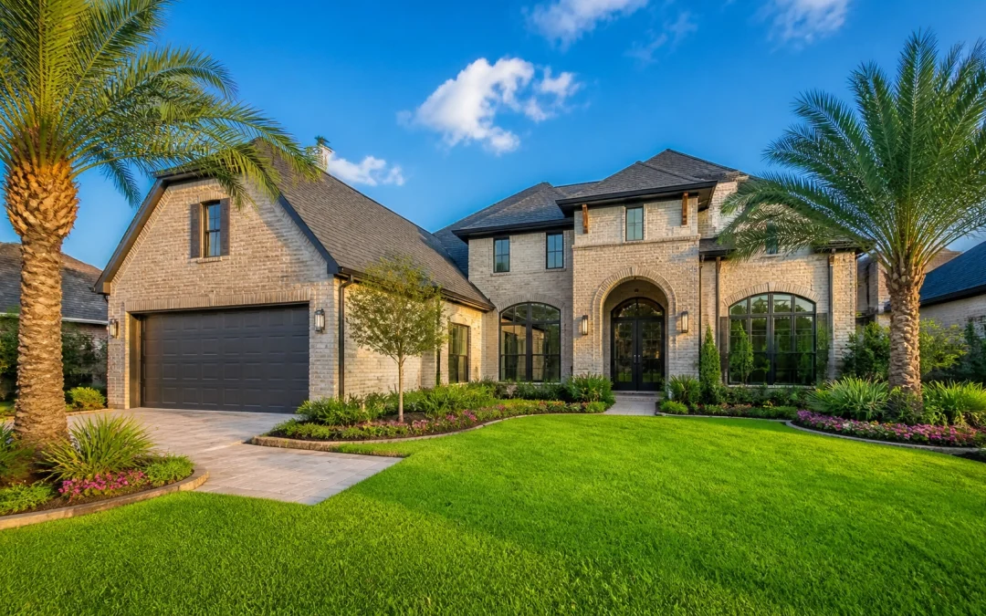 A stunning luxury suburban home in Sugar Land, Texas, featuring modern brick architecture and manicured landscaping under a bright sky.