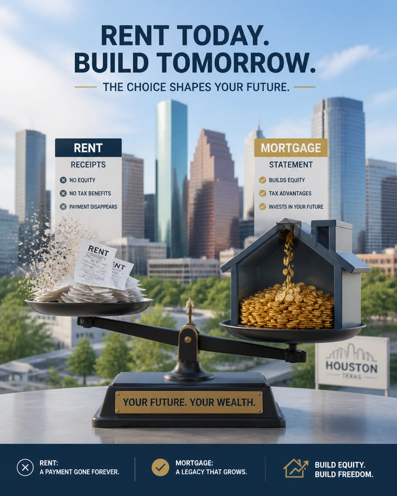 Conceptual image showing the balance between rent receipts disappearing and a house filling with gold to represent equity building against a Houston skyline.