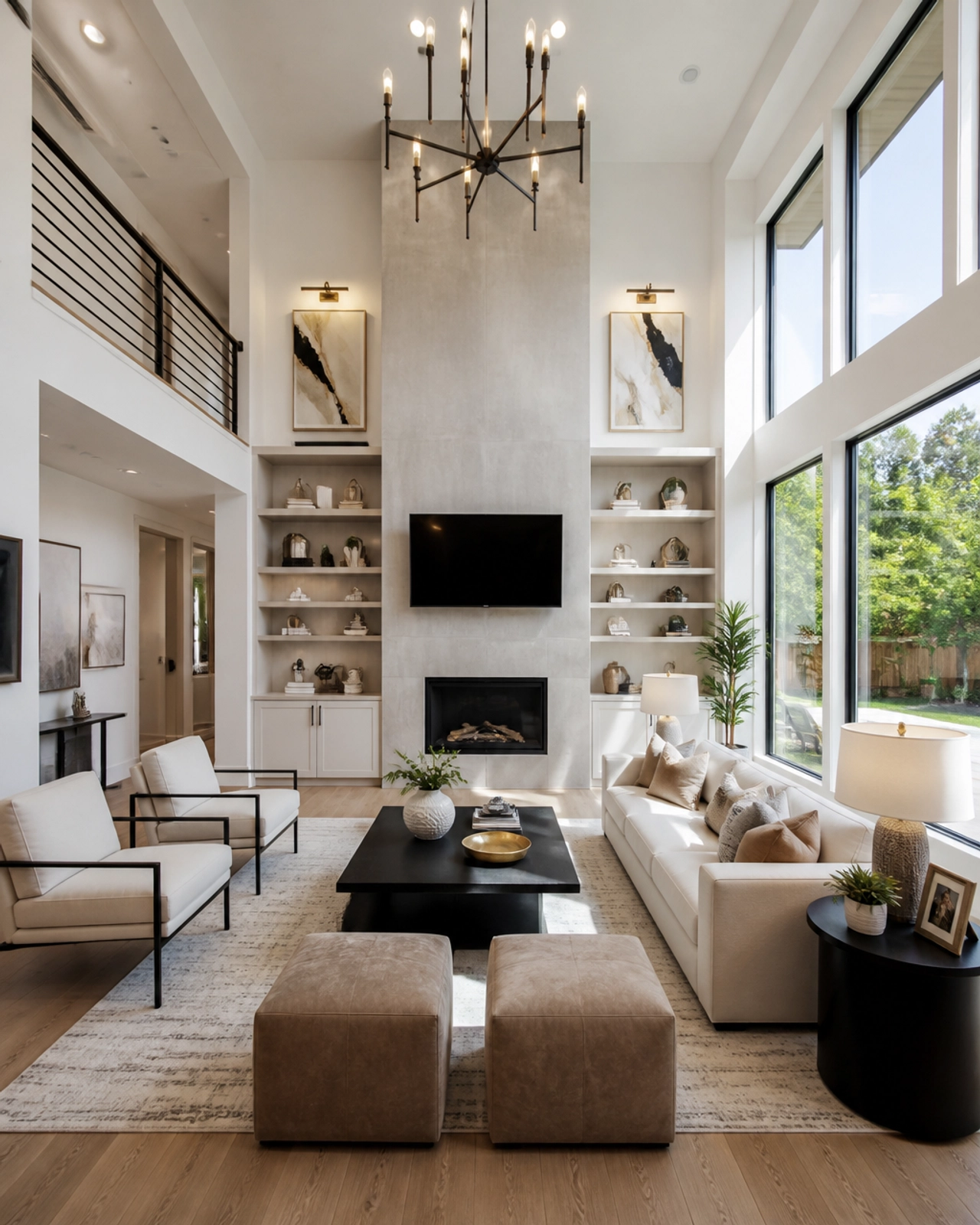 A professionally staged living room in a Houston home, designed to compete with new construction models.