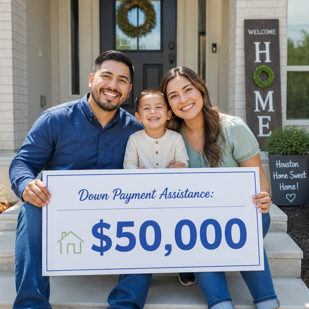 A happy family standing in front of their new home holding a symbolic $50,000 down payment assistance check.