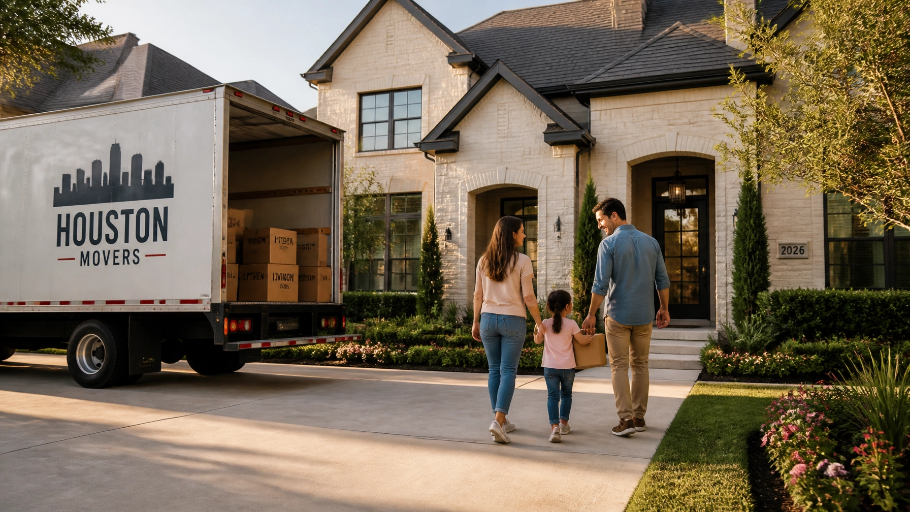 A family moving into their new Houston home, signifying a successful 2026 transaction