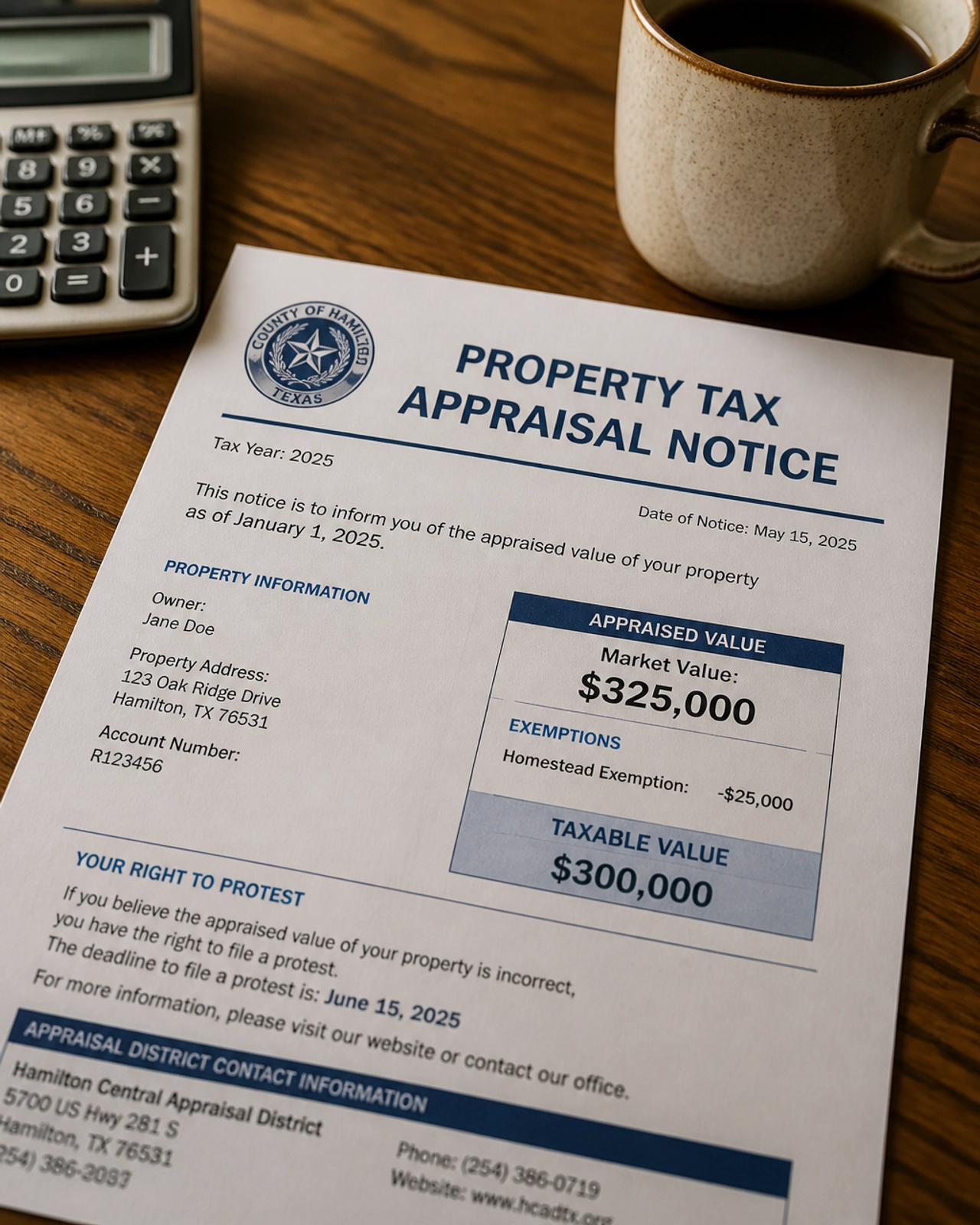 Property tax appraisal notice on a table with a calculator and coffee