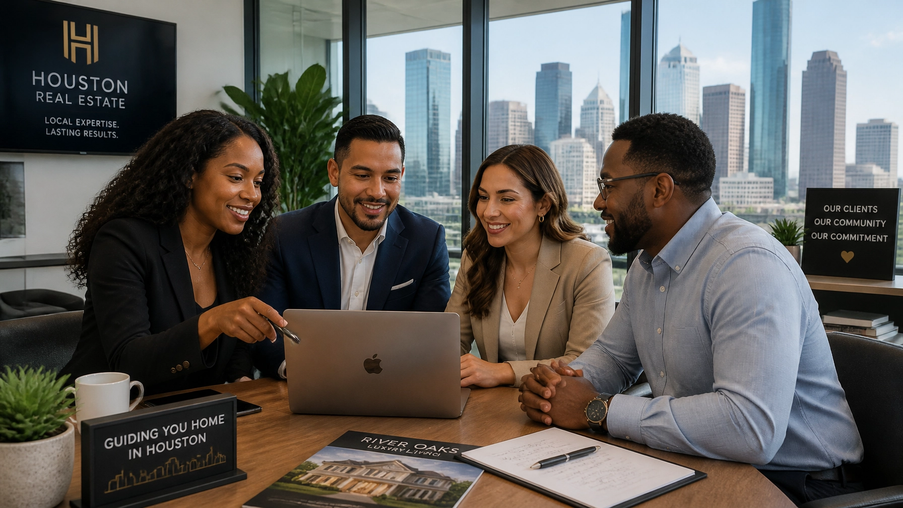 Real estate agents discussing property tax details with a client in a modern office