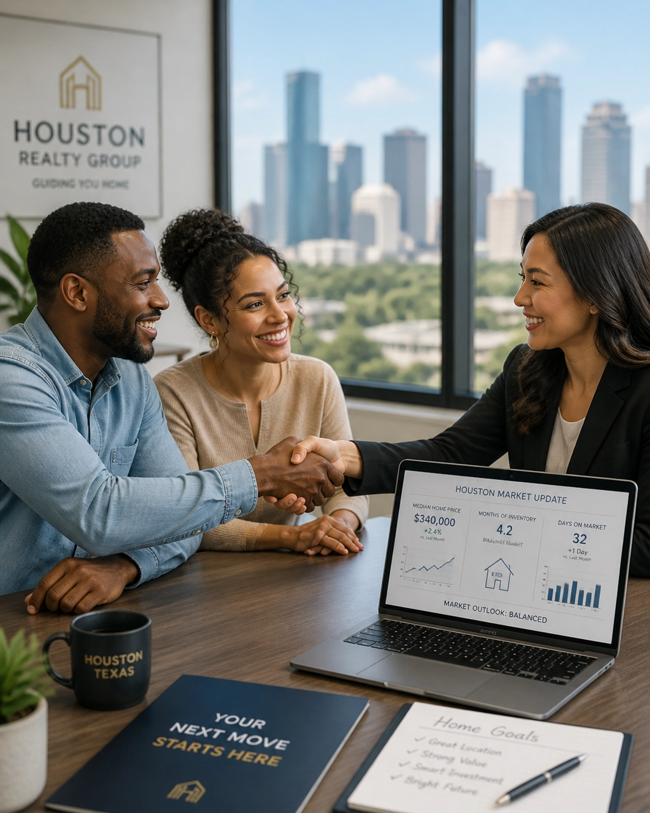 A real estate agent and a couple negotiating a deal with a laptop showing market data