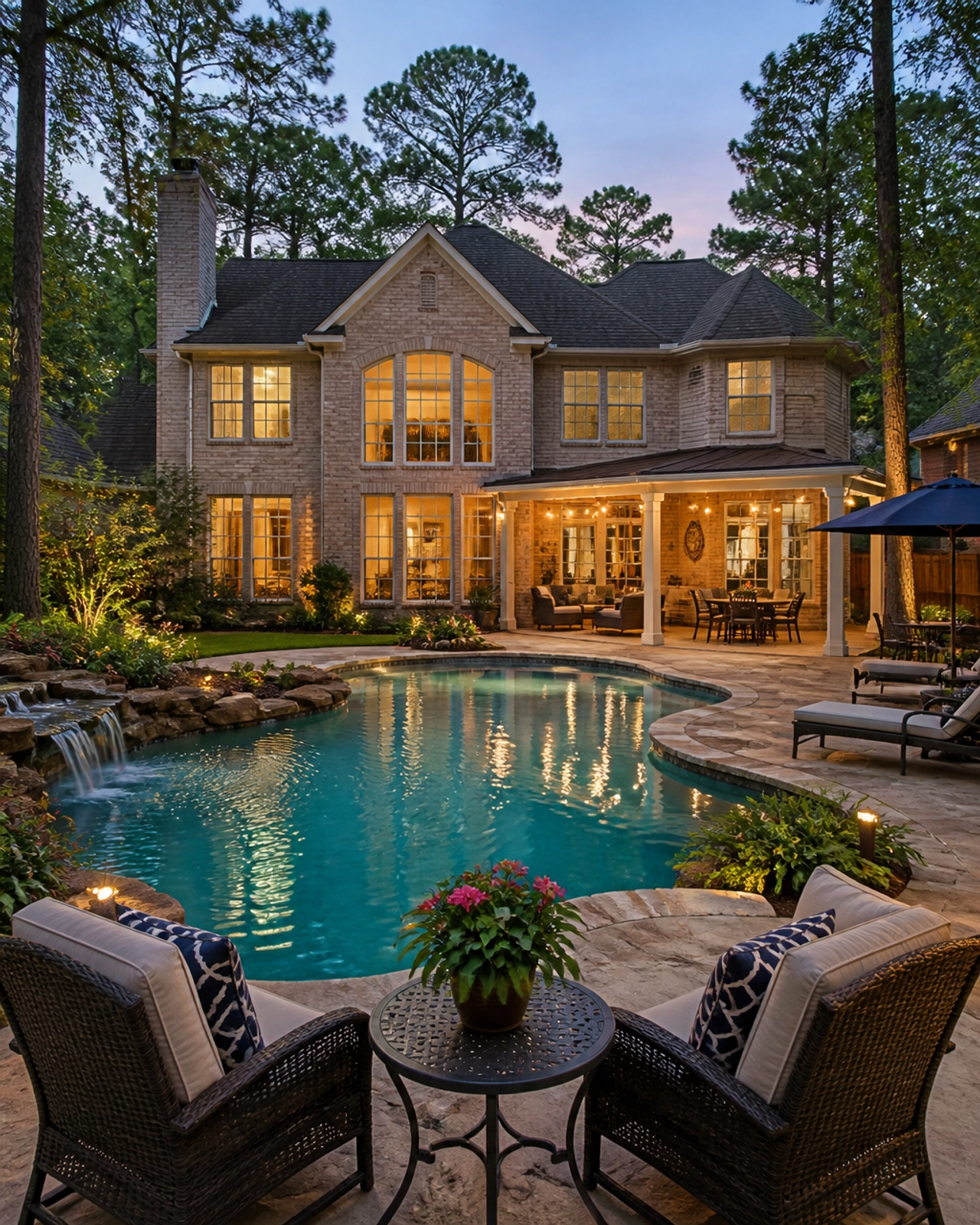 A traditional single-family home in a Houston suburb with a large backyard and swimming pool.