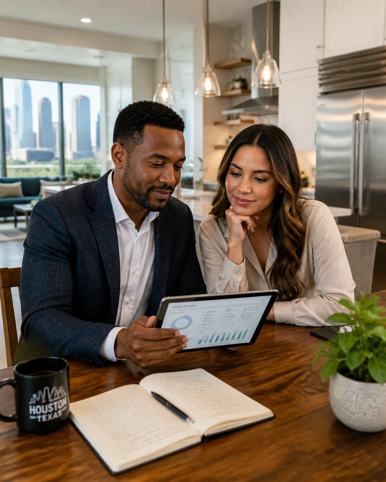 A couple in a modern Houston kitchen discussing mortgage strategies on a tablet
