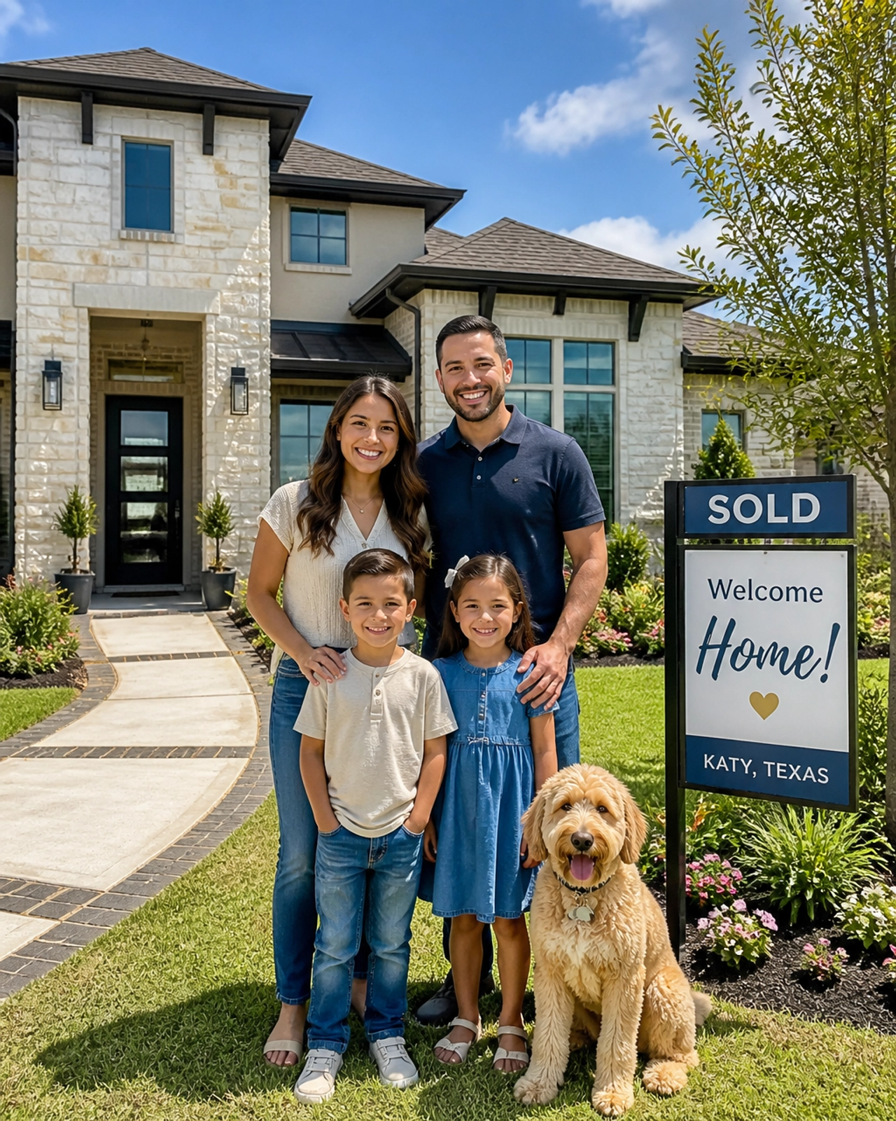 A modern, happy family standing in front of a beautiful, newly built suburban home in the Houston area.