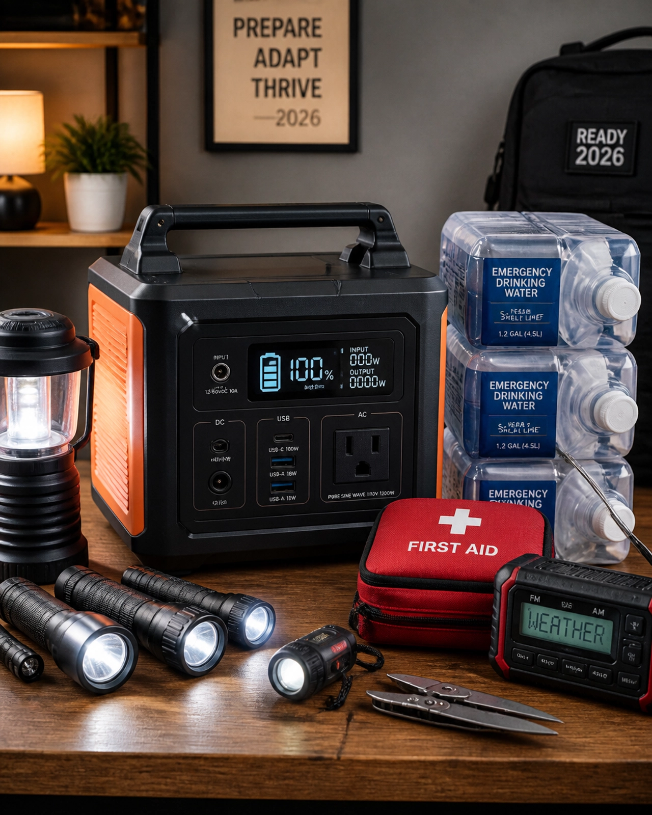 A modern 2026 emergency preparedness kit with a portable power station and supplies.