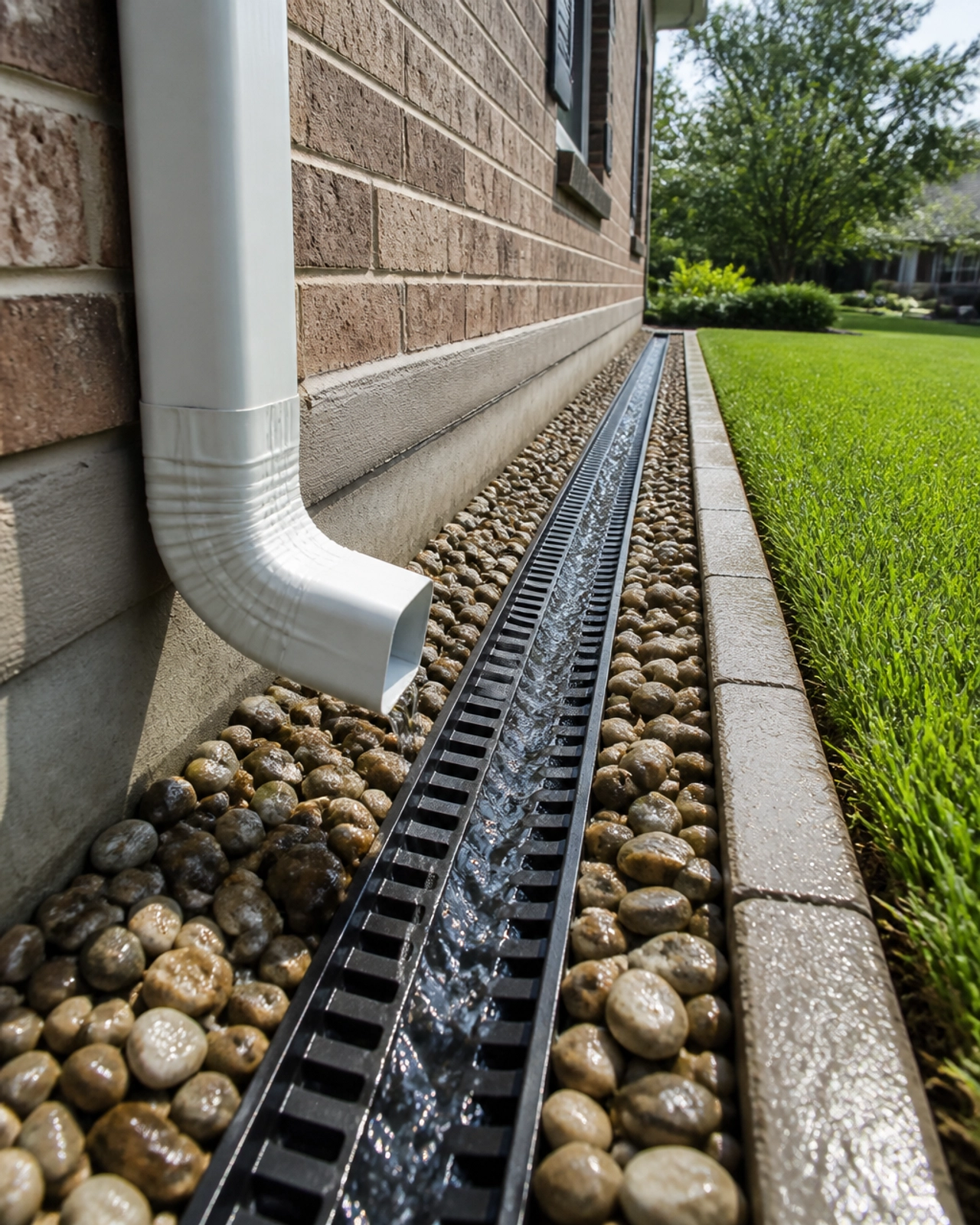 A close-up of a clean gutter and French drain system on a Houston home.