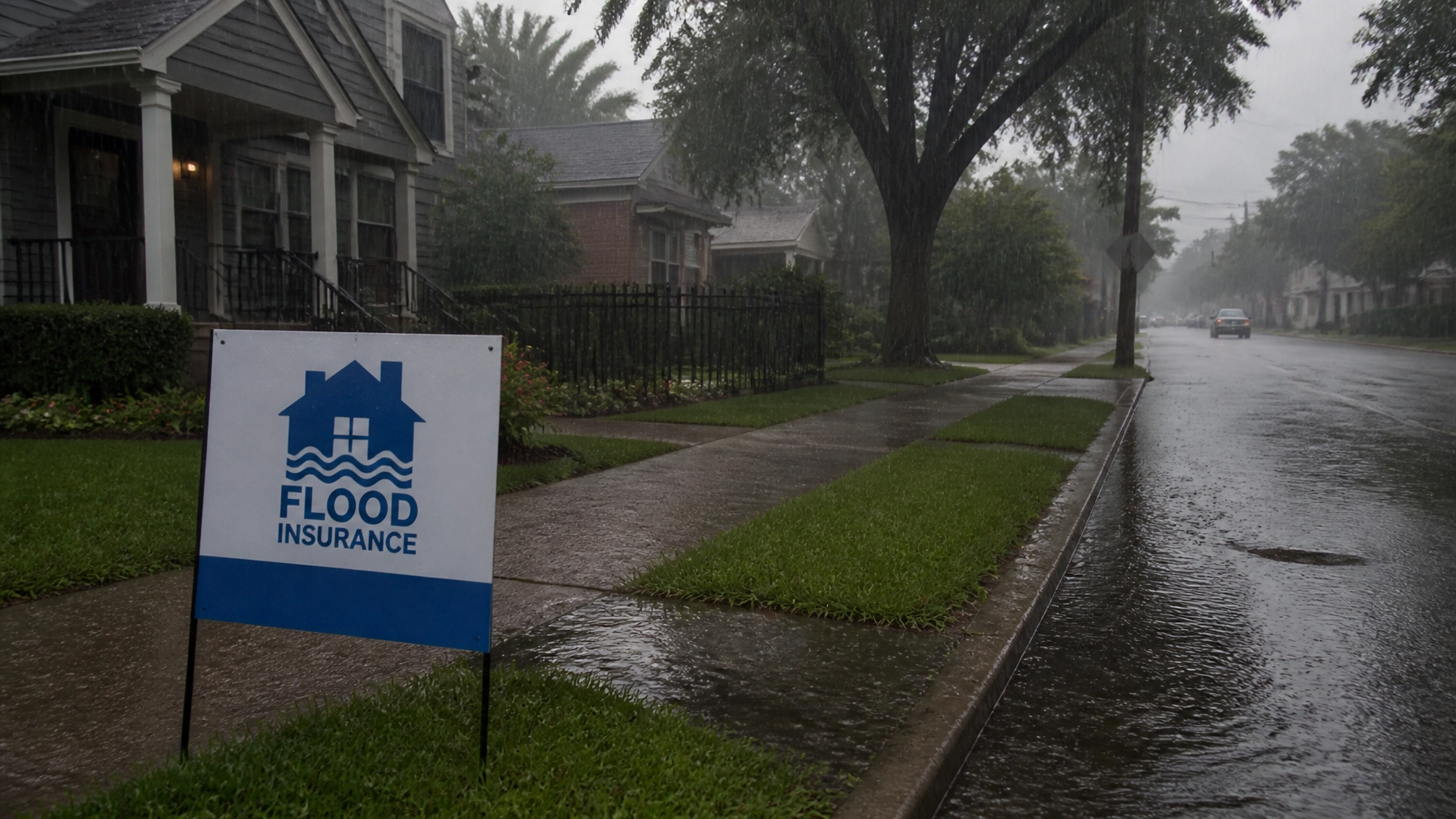 A Houston street with water pooling in the gutters, emphasizing the need for flood insurance