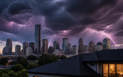 Houston skyline under stormy skies and lightning, hurricane preparedness.
