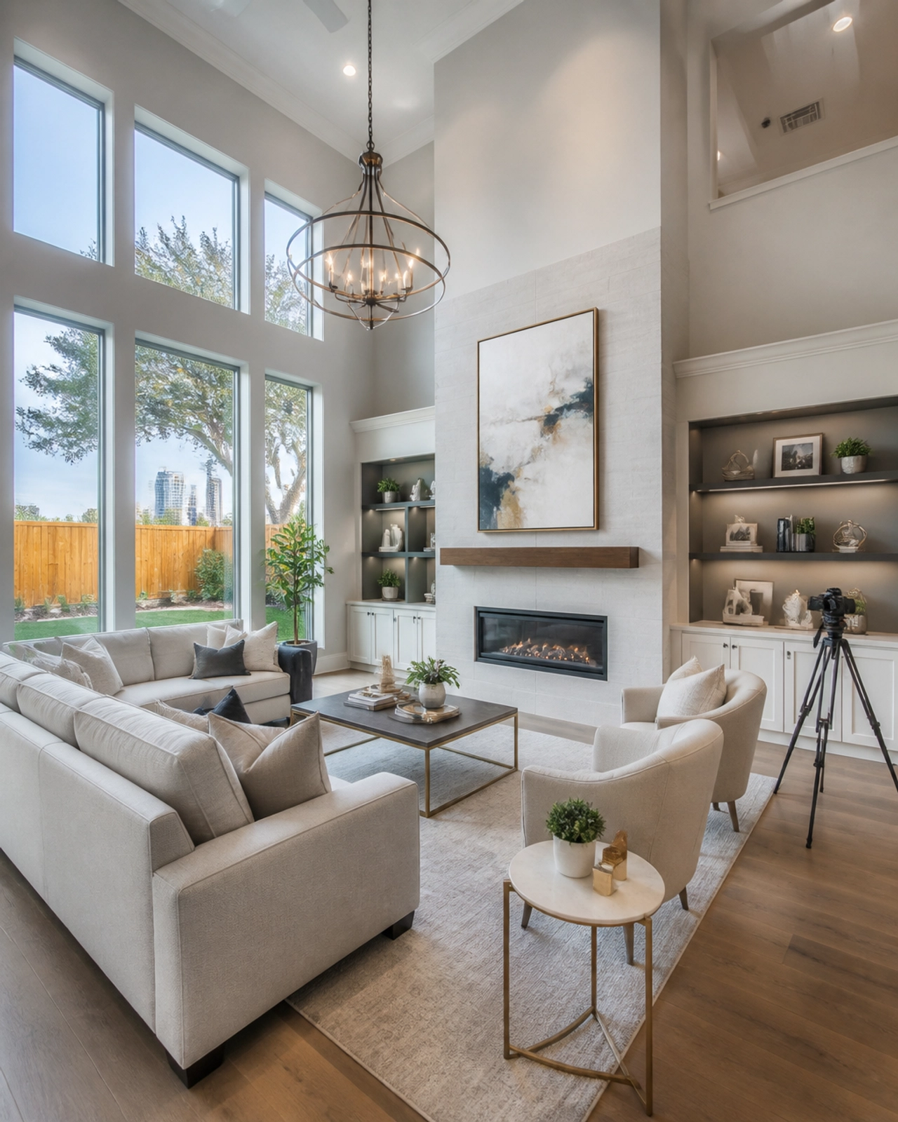 A professionally staged living room in a modern Houston home