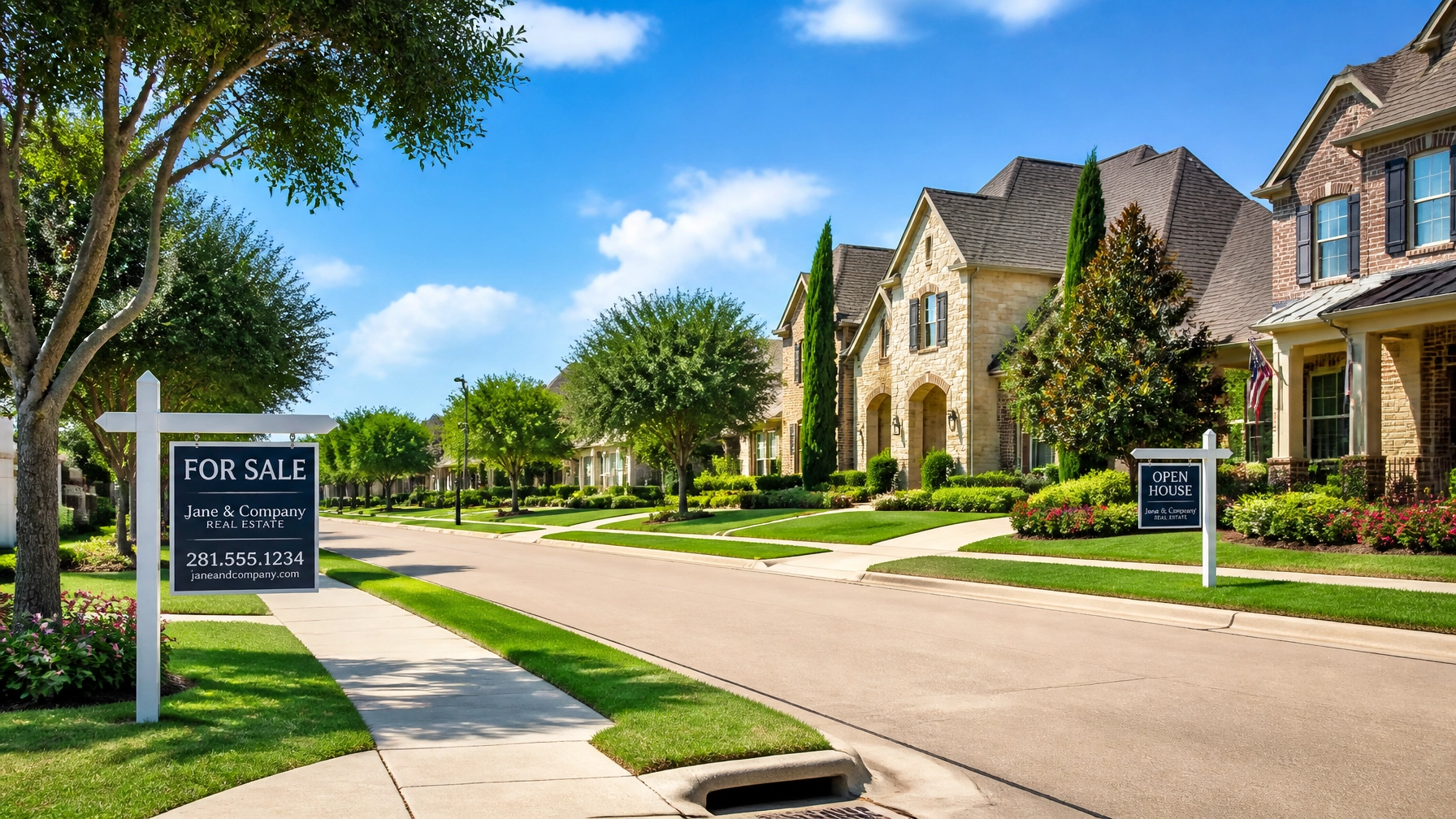 A beautiful suburban street in Sugar Land, Texas, representing community and fresh starts