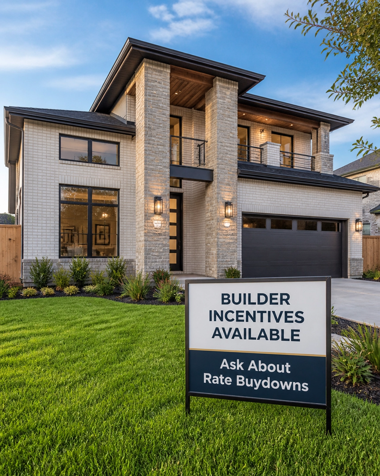 A modern new construction house with a sign offering builder incentives