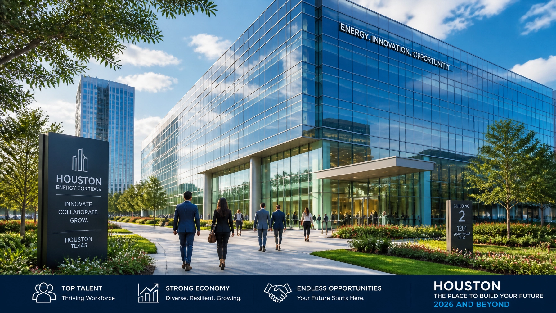 A sleek, modern office building in the Texas Medical Center or Houston Energy Corridor.