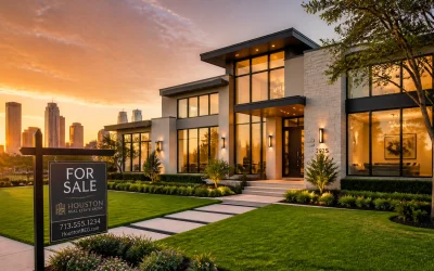Houston home design and architecture with sunset skyline view and "For Sale" sign.