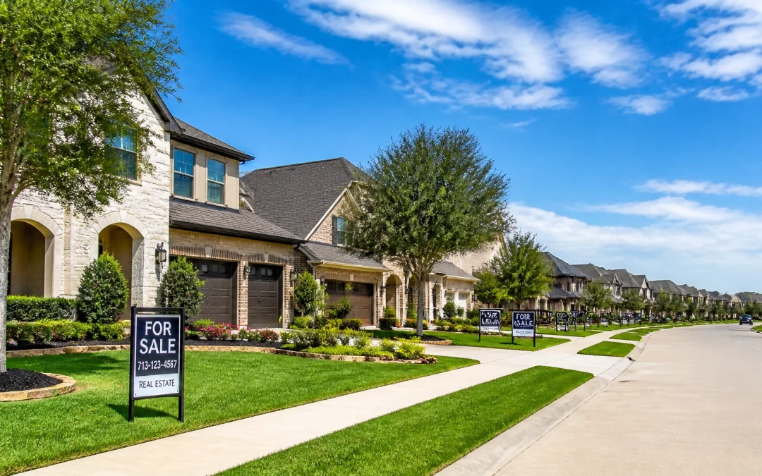 A beautiful wide-angle shot of a sunny Houston suburban street with multiple For Sale signs, signifying high inventory