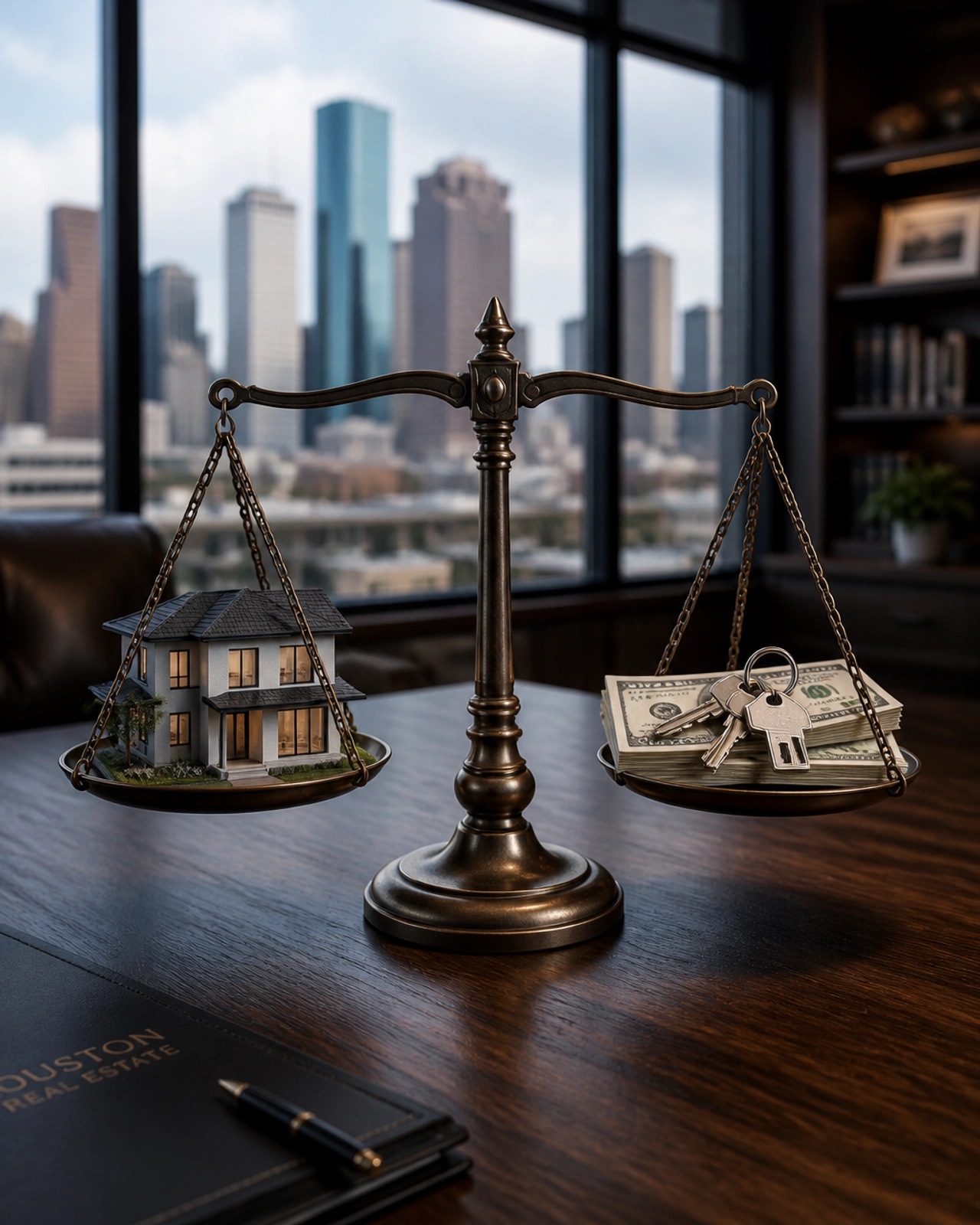 A balanced scale with a house and keys representing market stability