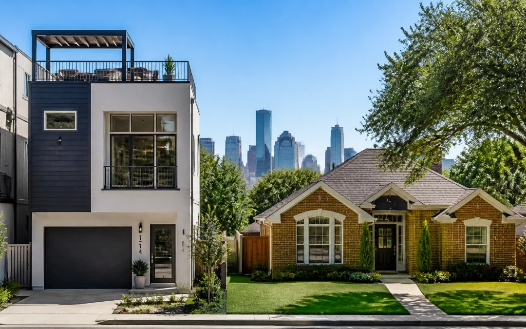 A high-quality, professional real estate photograph showing a modern 3-story Houston townhome and a classic suburban single-family brick home side-by-side with the Houston skyline in the background.
