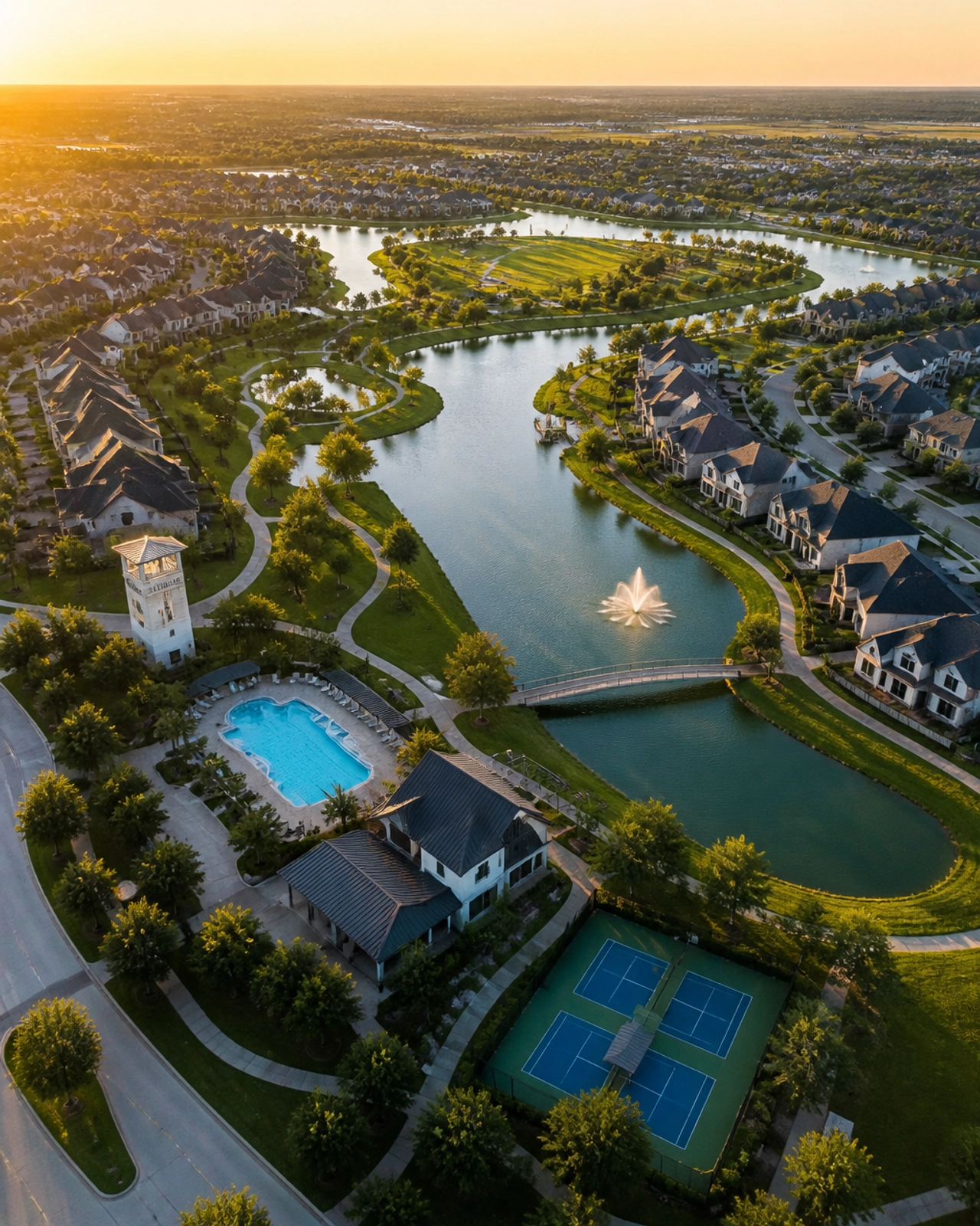 Aerial view of Houston master-planned community amenities