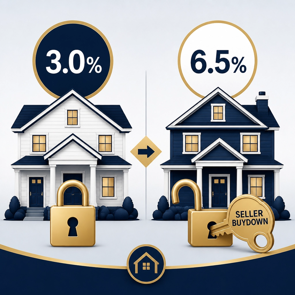 Infographic showing the concept of a seller rate buydown unlocking a 3% mortgage trap