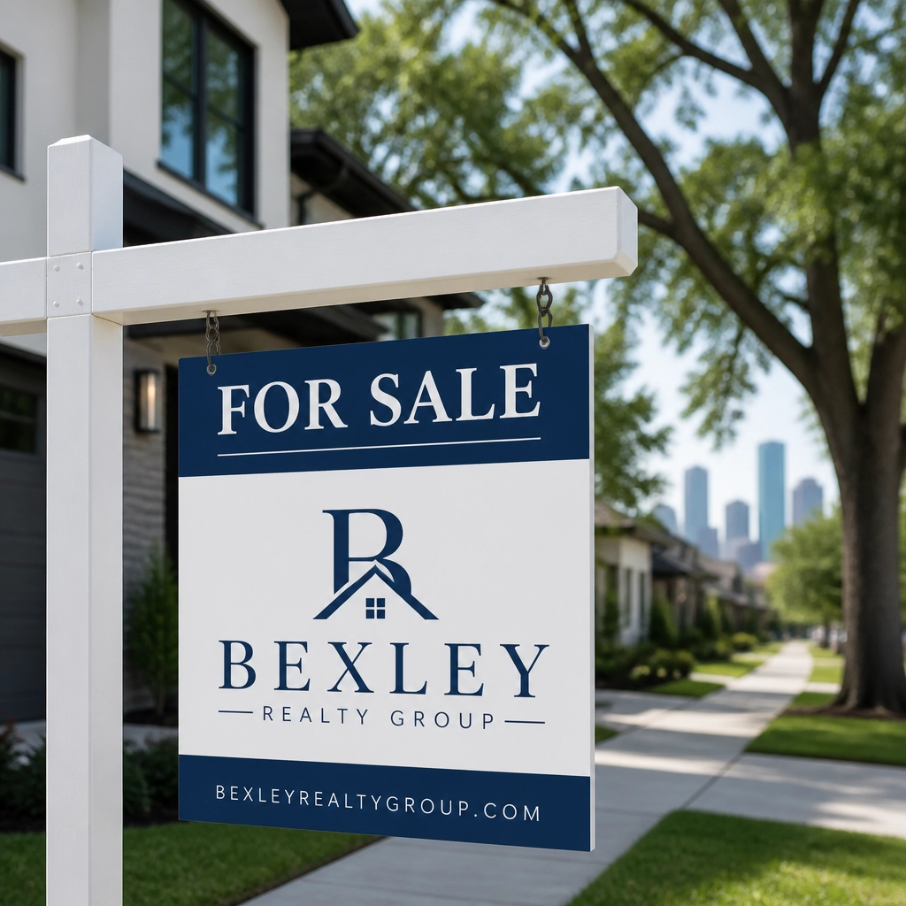 A close-up of a 'For Sale' sign with the Bexley Realty Group logo.