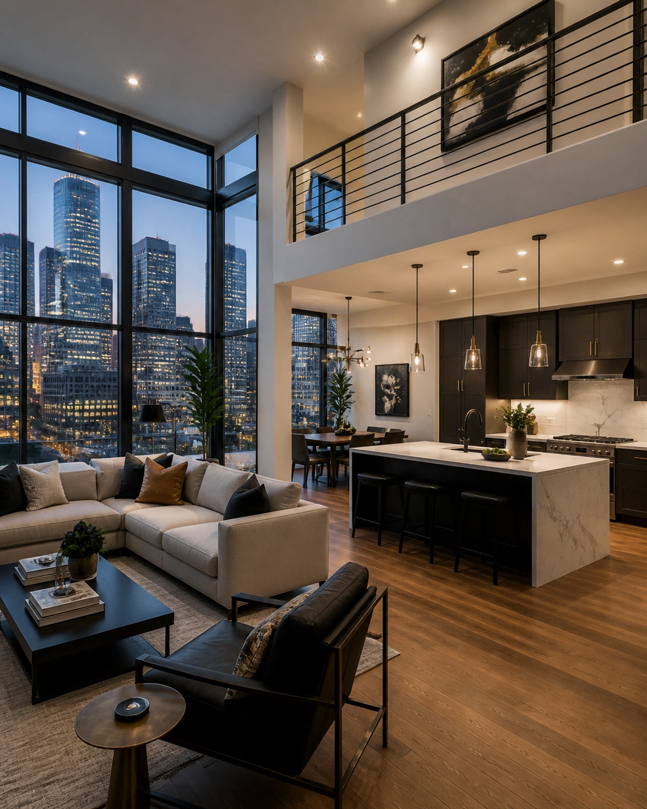 Interior of a modern, luxury Houston townhome with floor-to-ceiling windows and an urban view.