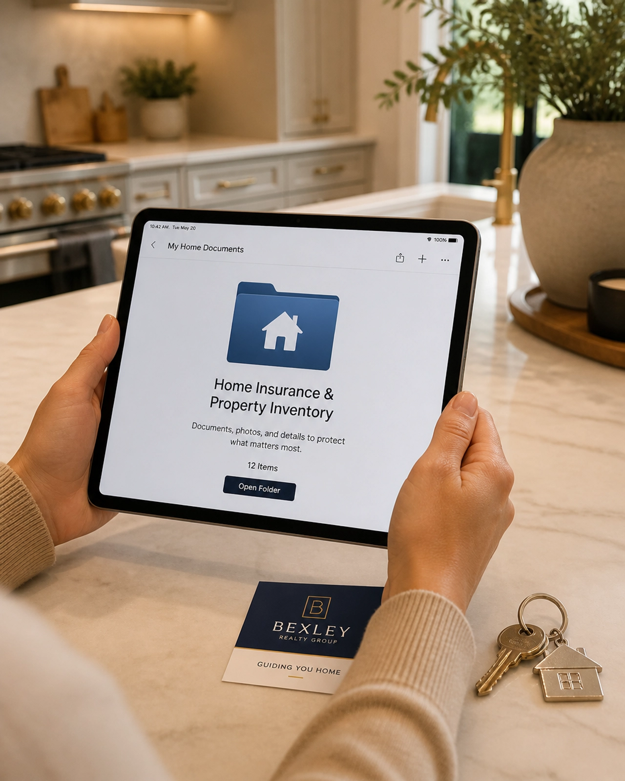 A homeowner reviewing a digital insurance folder on a tablet.